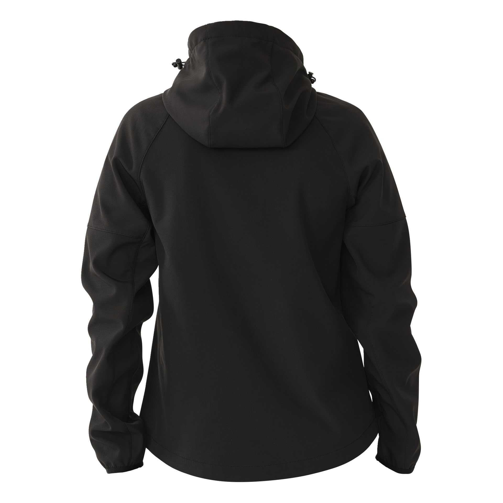 Das Bild zeigt die Rückseite der Kayoba Outdoor Softshell-Softshelljacke Hede für Frauen mit Fleecefutter. Die Jacke ist schwarz mit langen Ärmeln, einer verjüngten Taille und verstellbaren Kordeln an der Kapuze. Das Material wirkt glatt und dezent strukturiert, ohne sichtbare Branding oder Verzierungen.