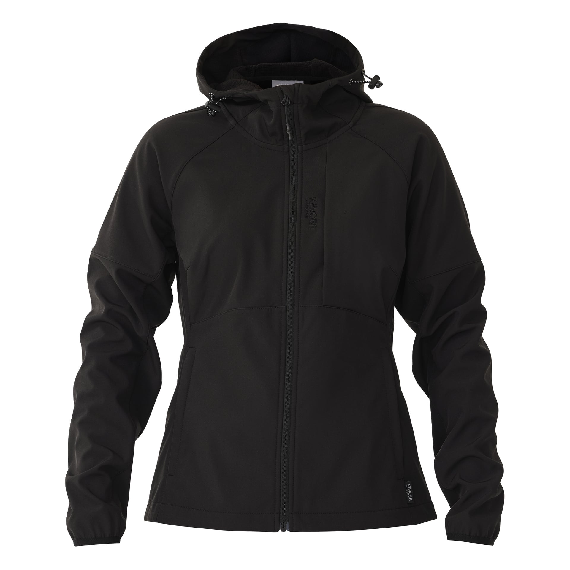 Die Kayoba Outdoor Women's Hede Softshell-Jacke ist von vorne in Schwarz zu sehen. Sie hat lange Ärmel, zwei Seitentaschen und einen hohen Kragen mit verstellbaren Kordeln und ist mit Fleece gefüttert, um mehr Wärme zu gewährleisten.