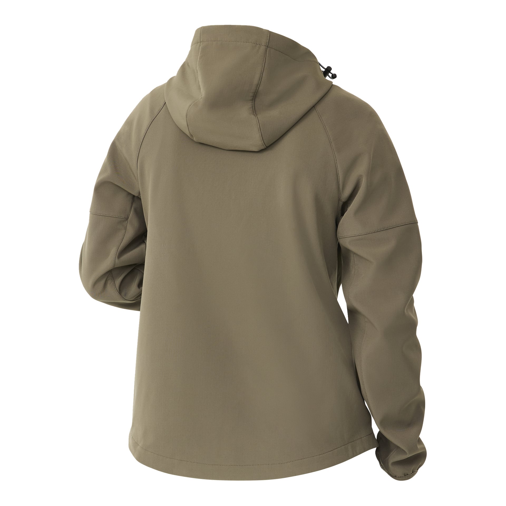 Rückansicht der Kayoba Outdoor Damen-Hede-Jacke in Khaki, gefertigt aus fleecegefüttertem Softshell-Material. Er hat lange Ärmel, eine Kapuze mit verstellbarem Kordel und dezente Nahtdetails. Der Stoff sieht glatt und mäßig strukturiert aus.