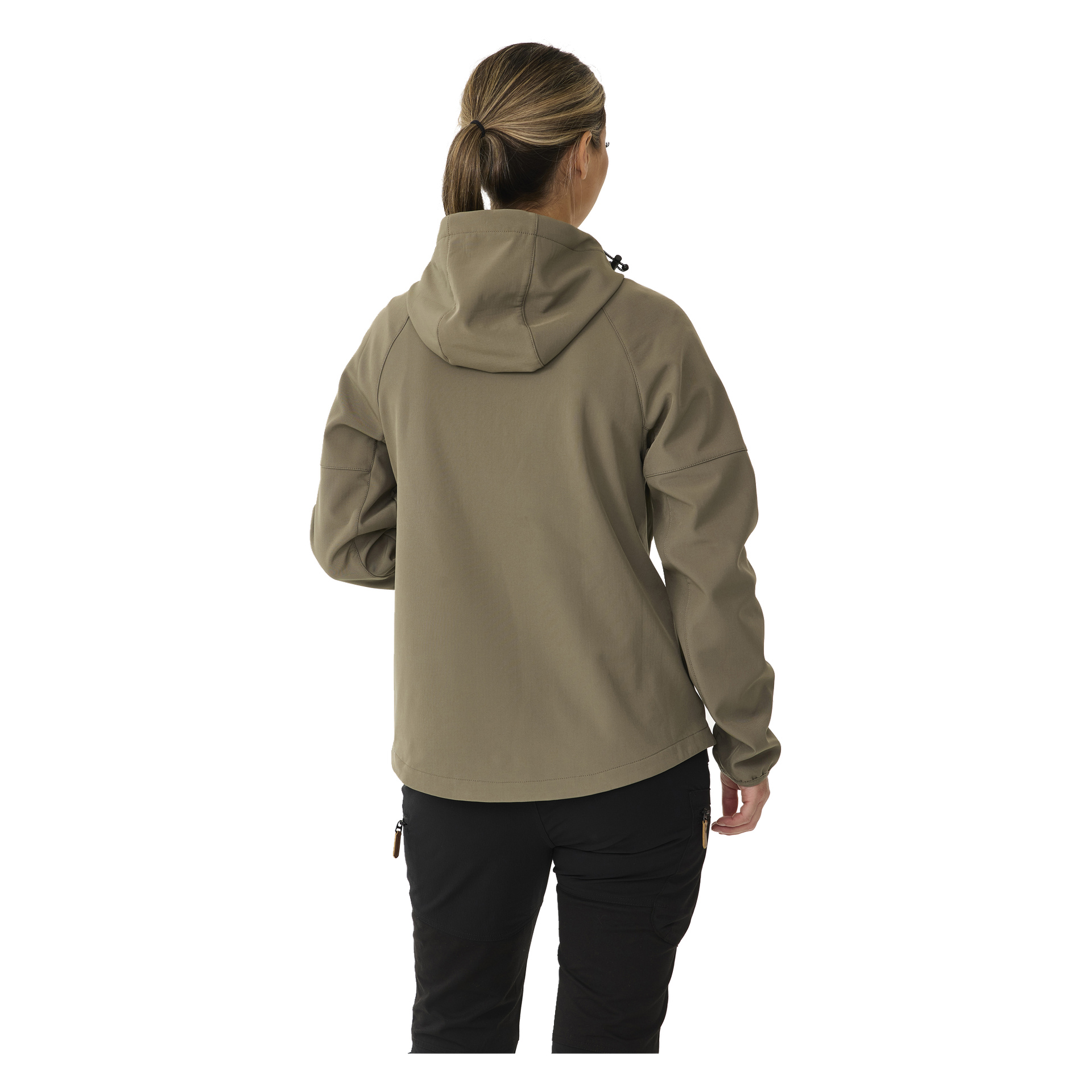 Eine Person mit hellbraunem, zurückgebundenem Haar wird von hinten betrachtet, gekleidet in eine beige Kayoba Outdoor Women's Softshell-Jacke mit Fleecefutter und schwarze Hosen. Ihr linker Arm ist sanft gebogen.