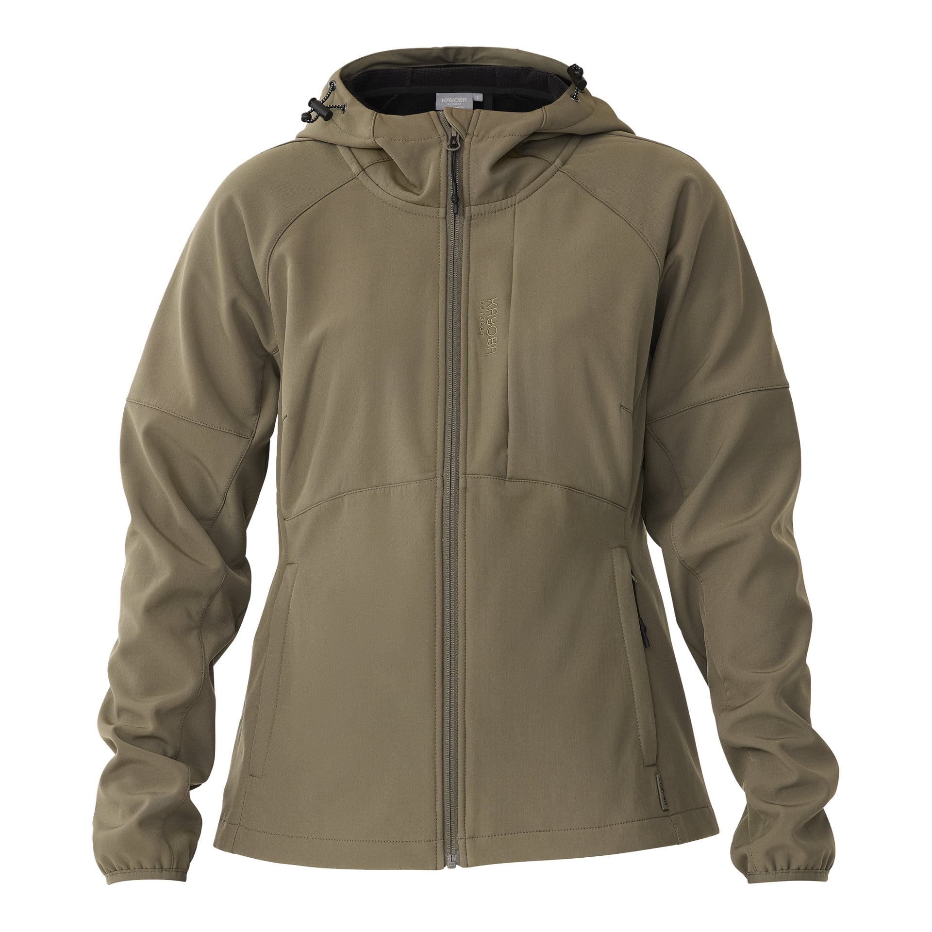 Die mit Fleece gefütterte Damenjacke Hede von Kayoba Outdoor ist in Khaki mit Kapuze, Reißverschluss vorne, langen Ärmeln, zwei Seitentaschen mit Reißverschluss und einem verstellbaren Kordelzug an der Kapuze zu sehen.