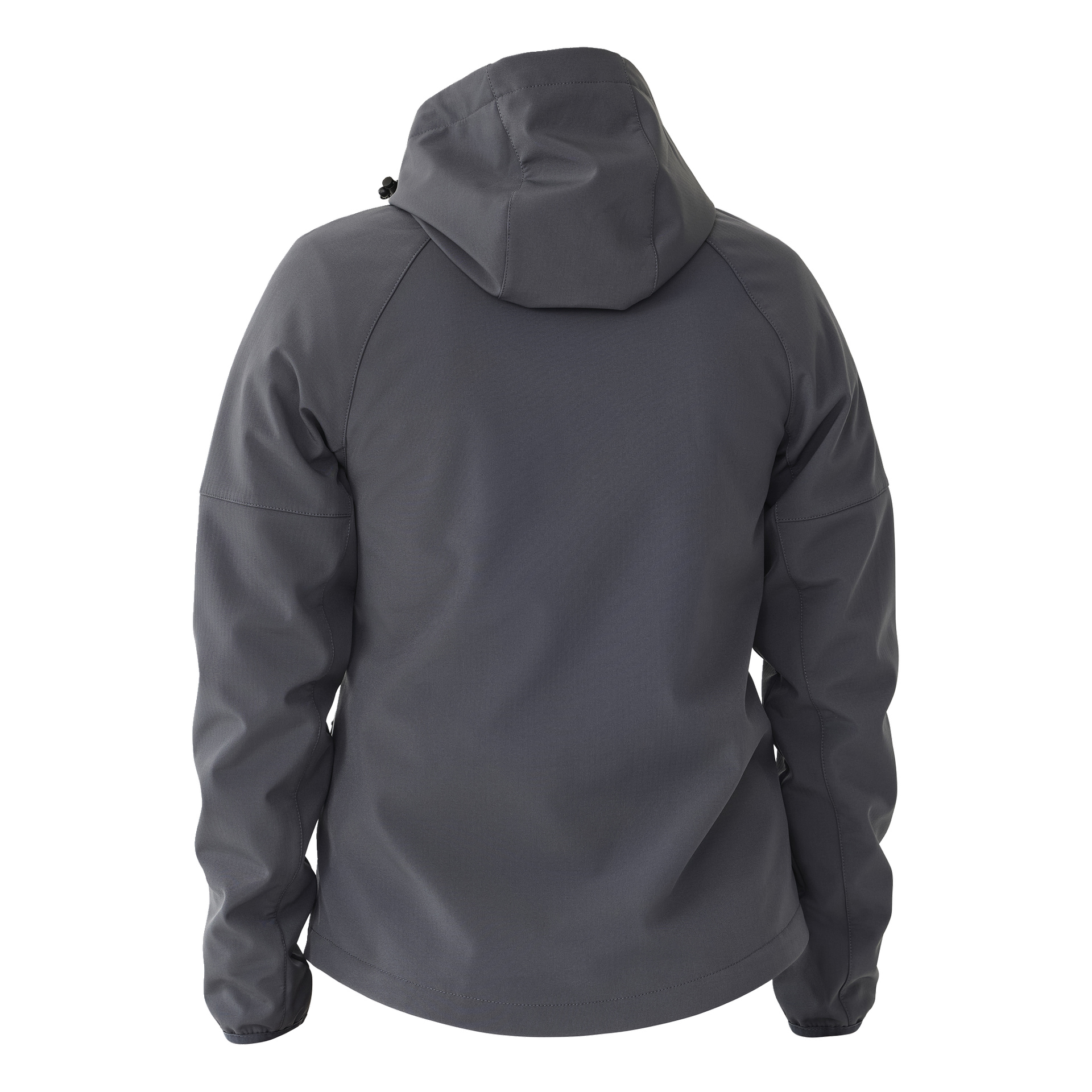 Eine dunkelgraue Kayoba Outdoor Women's Softshell-Jacke mit Fleecefutter ist von hinten zu sehen, wobei die langen Ärmel, die angehängte Kapuze und die dezenten Nahtdetails hervorgehoben werden, ohne sichtbare Logos oder Muster.