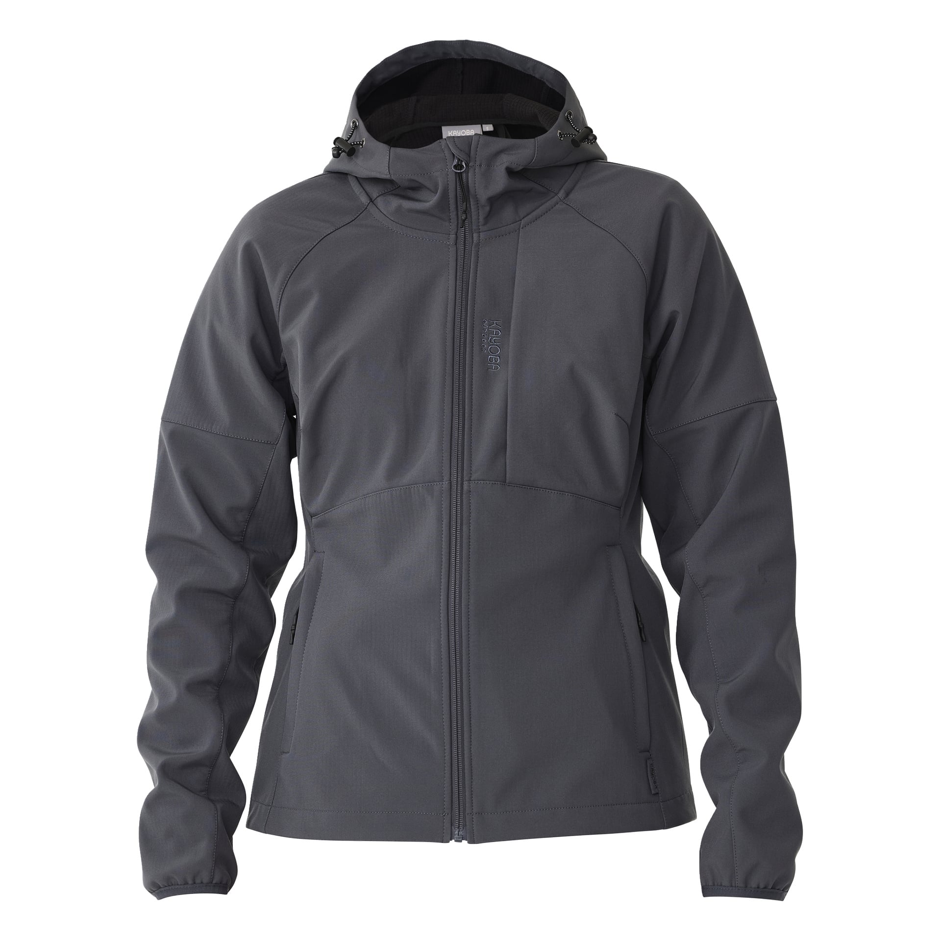 Die Kayoba Outdoor Women's Hede Softshell-Jacke ist in Dunkelgrau erhältlich, mit einem Fleecefutter, hohem Kragen, Kapuze, durchgehendem Reißverschluss vorne, zwei Reißverschlusstaschen mit Reißverschluss und langen Ärmeln.