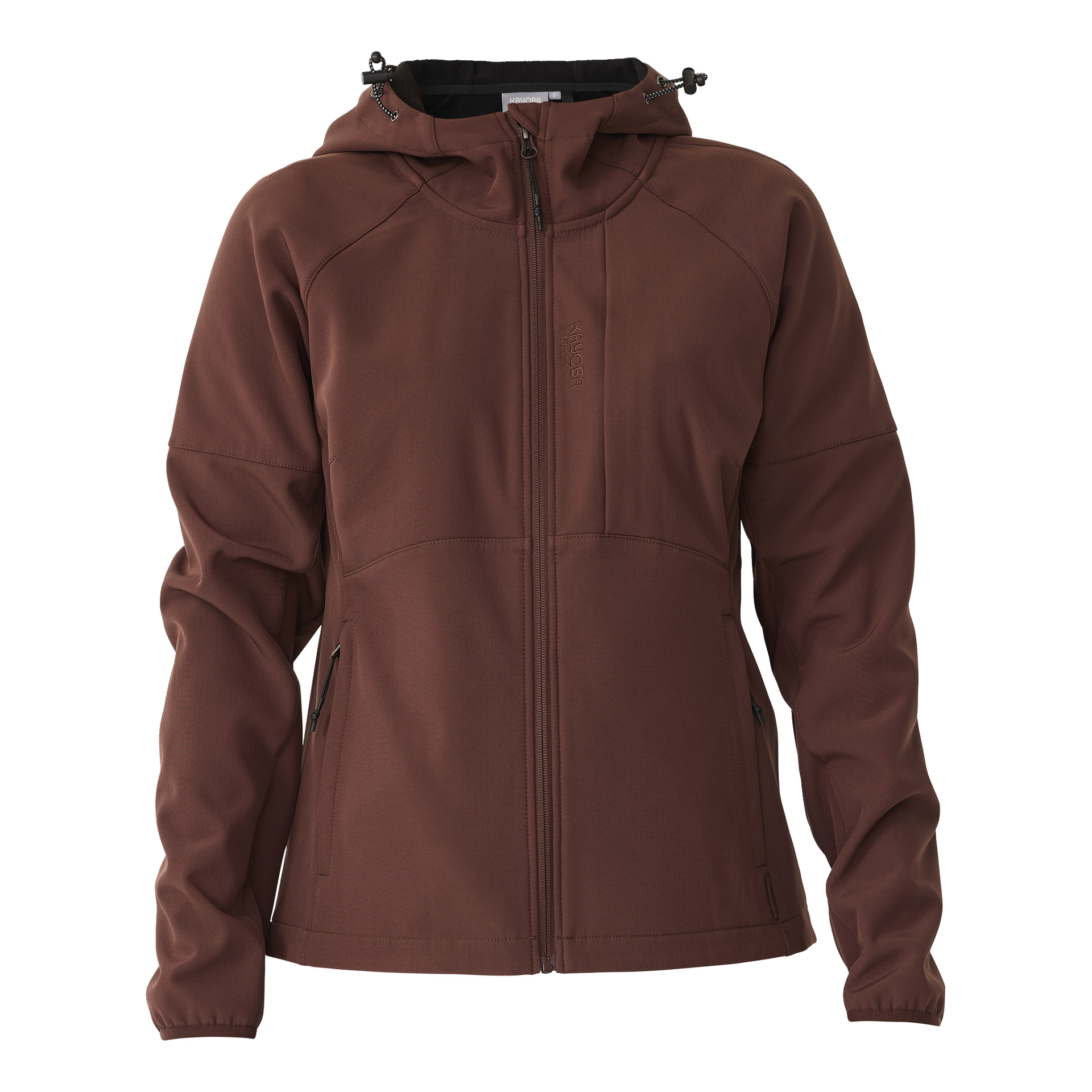 Eine braune Kayoba Outdoor Damen-Hede-Softshelljacke mit Fleecefutter, Reißverschluss vorne, langen Ärmeln, zwei Reißverschlusstaschen vorne und verstellbaren Kordeln an der Kapuze.