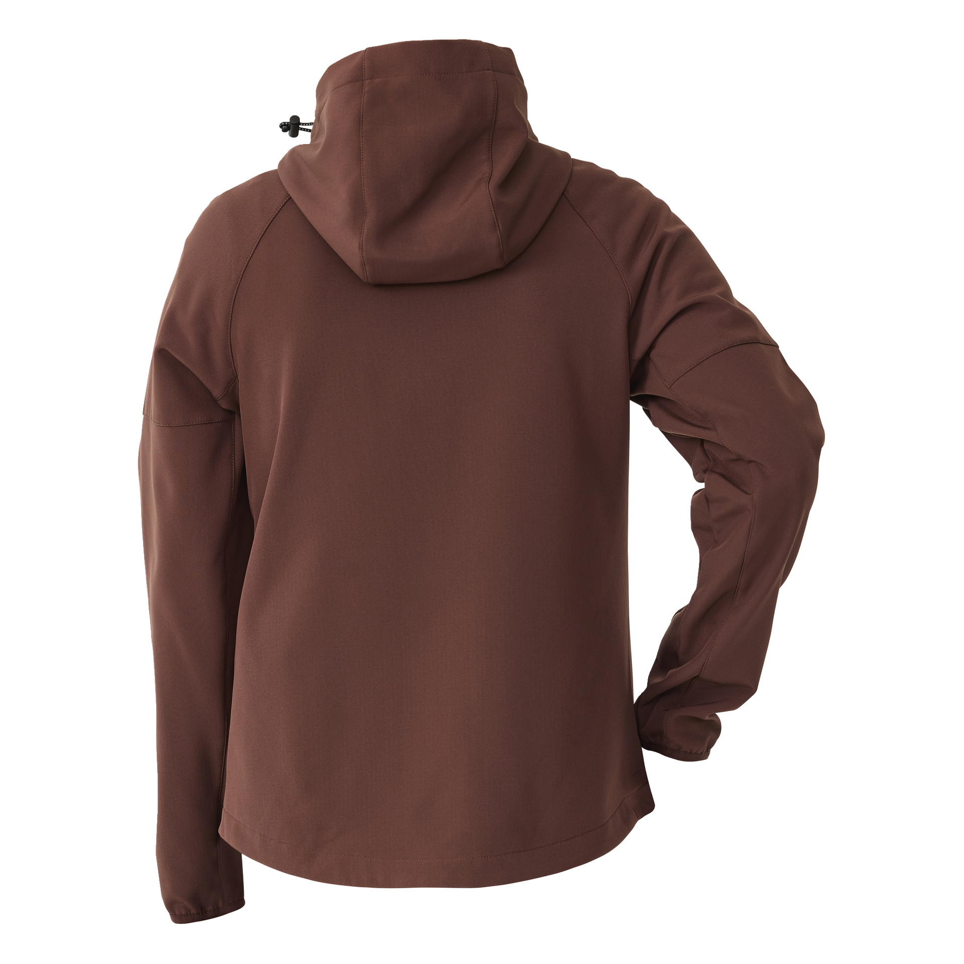 Eine braune Kayoba Outdoor Women's Softshell-Jacke Hede, die mit Fleecefutter gefüttert ist, wird von hinten präsentiert und betont die Kapuze mit einem Kordelzug. Der Sitz ist entspannt, der linke Arm ist gebeugt und der rechte Arm gerade seitlich.