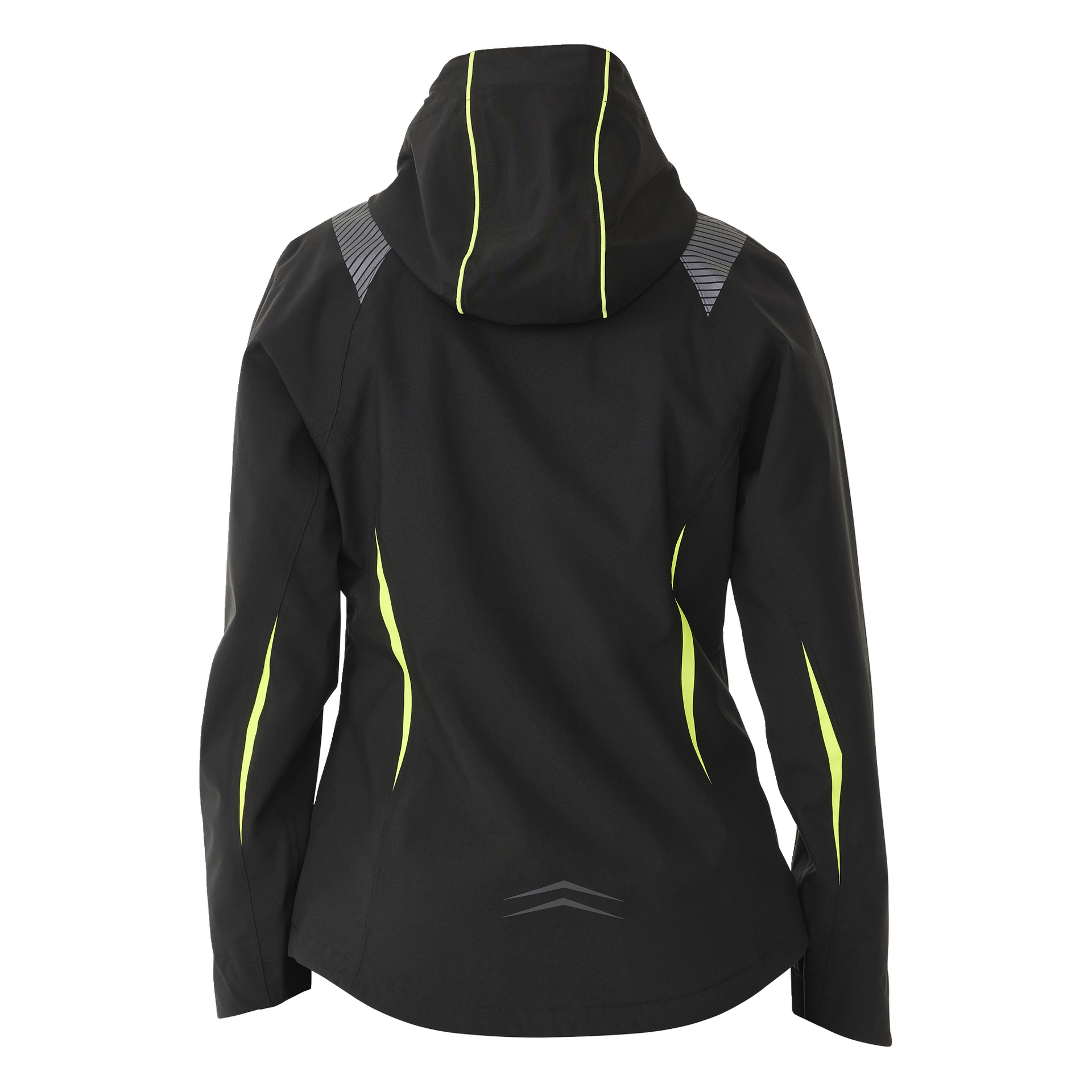 Baksida av Bluewear Women's stretchshelljacka Rebecca, en svart huva med gula detaljer på rygg, ärmar och huva, samt reflekterande ränder på axlar och nedre delen av ryggen.