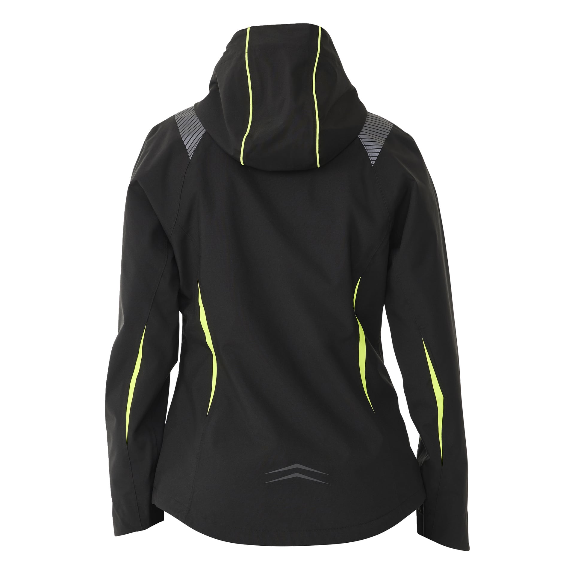 Bluewear Women's stretch shell-jacka Rebecca visas upp bakifrån. Den är svart med gula reflekterande ränder på huven, axlarna och sidorna, och har grå chevron-detaljer nära nedre delen av ryggen. Jackan har skräddarsydd passform och långärmat.