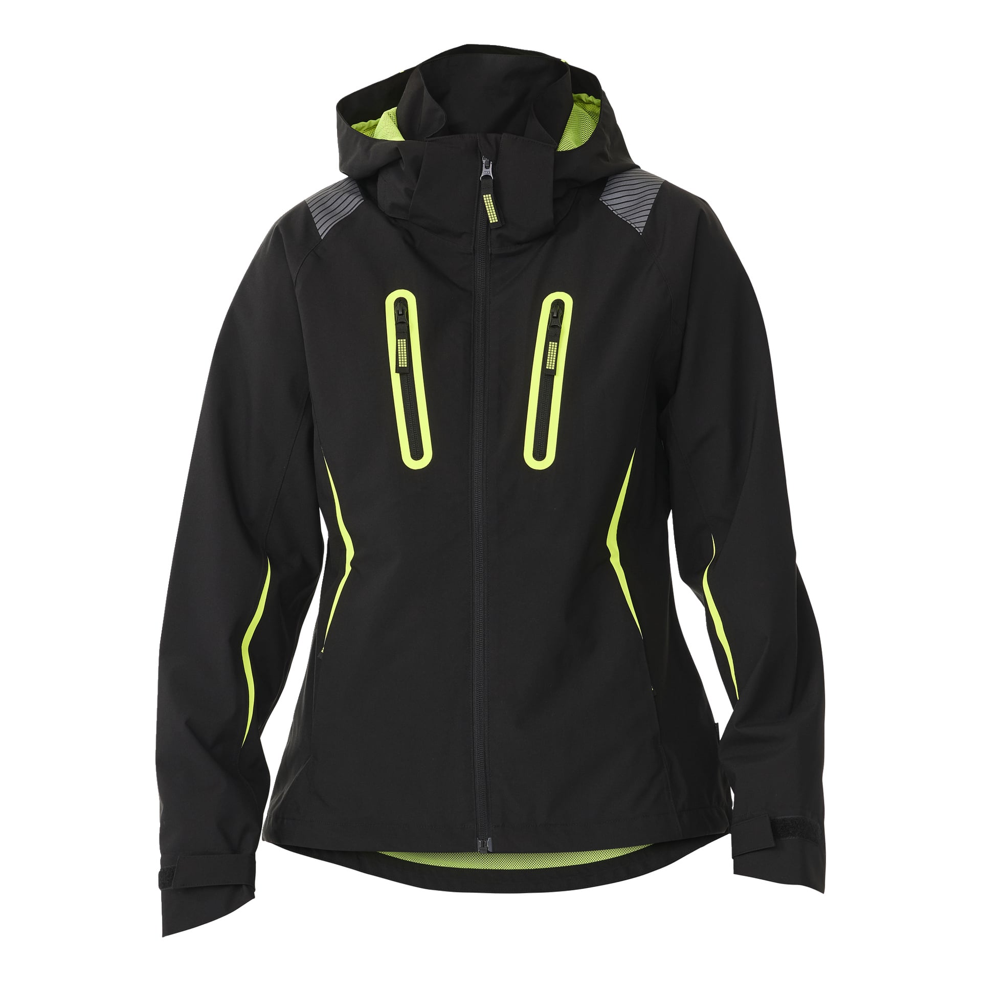 Die Bluewear Women's Stretch Shell Jacket Rebecca ist eine schwarze, eng anliegende Jacke mit leuchtend gelben Reißverschlüssen und Besatzungen. Er hat lange Ärmel, zwei Reißverschlusstaschen auf der Brust, einen vollständigen Reißverschluss vorne und reflektierende Elemente an den Schultern.