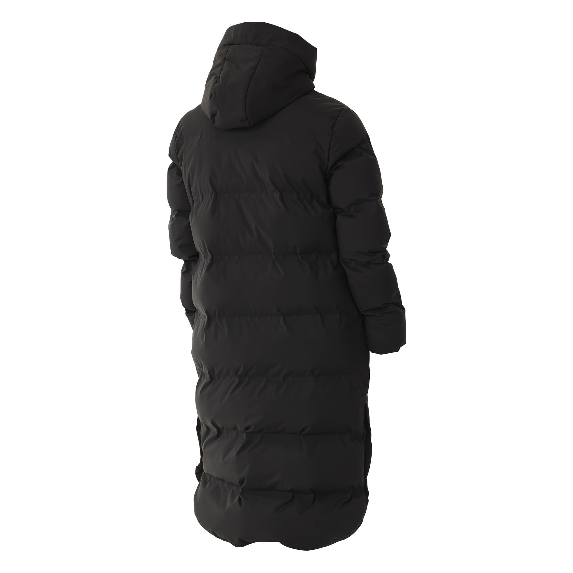 Takakuva Kayoba Outdoor Storlien -naisten talvitakista. Pitkä musta puffer on hupulla, vaakakasuuntainen tilkkutäkki ja ulottuu polvien alapuolelle. Sen suora leikkaus tarjoaa rentouttavan istuvuuden pitkillä hihoilla.