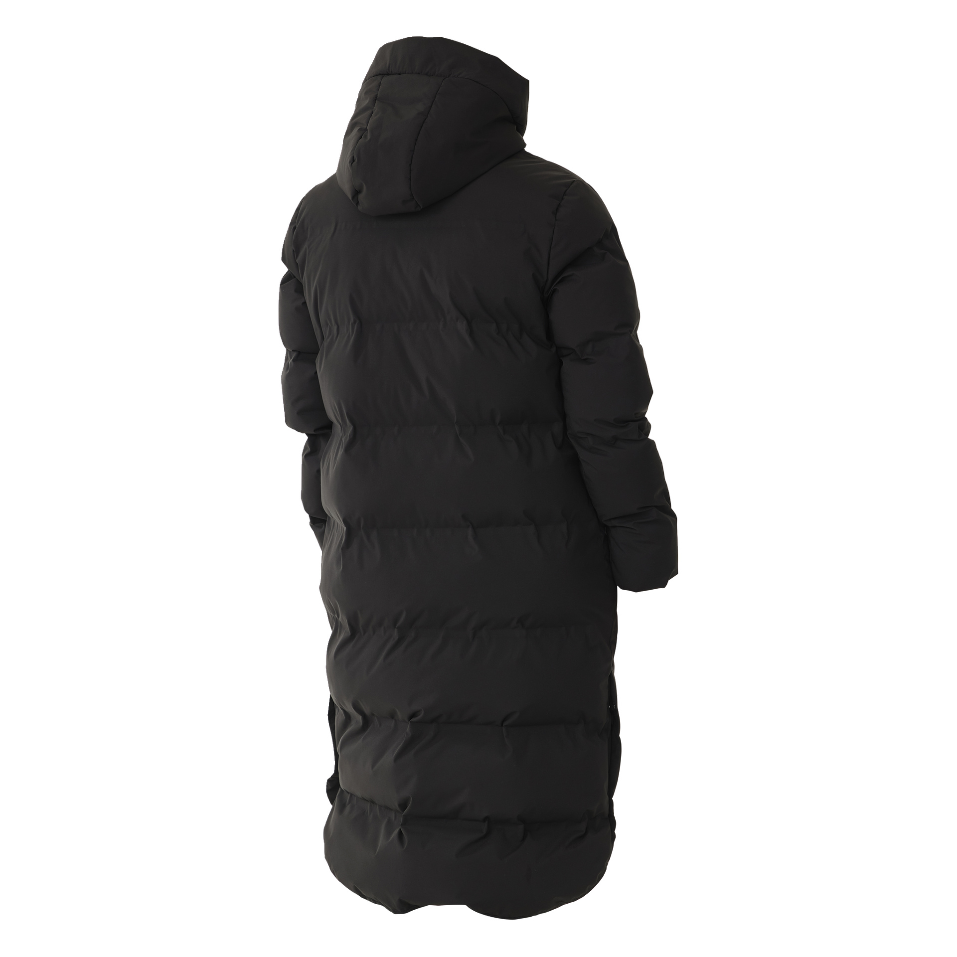 Takanäkymä Kayoba Outdoor Women's Storlien -talvitakiin, pitkä musta pallon, jossa on hupu, vaakasuorat ompeleet ja paksu eristetty kangas, joka pitää lämpimänä kylmissä lämpötiloissa. Takissa on pitkät hihat ja se ulottuu polvien alapuolelle.