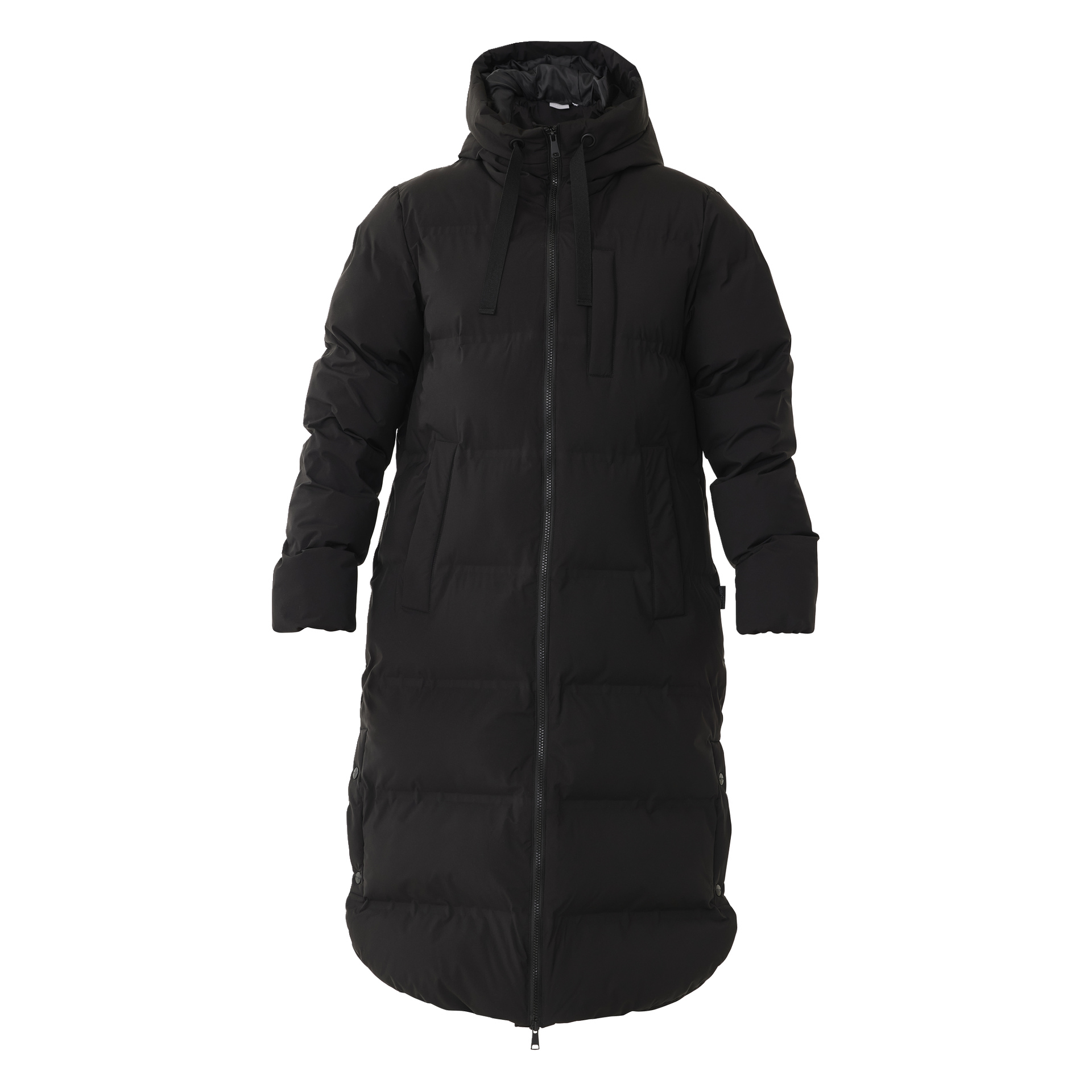 Kayoba Outdoor Women's Winter Coat Storlien on pitkä musta pallotakki, jossa on huppu ja etuvetoketju, sivunapit ja hihat hihat.