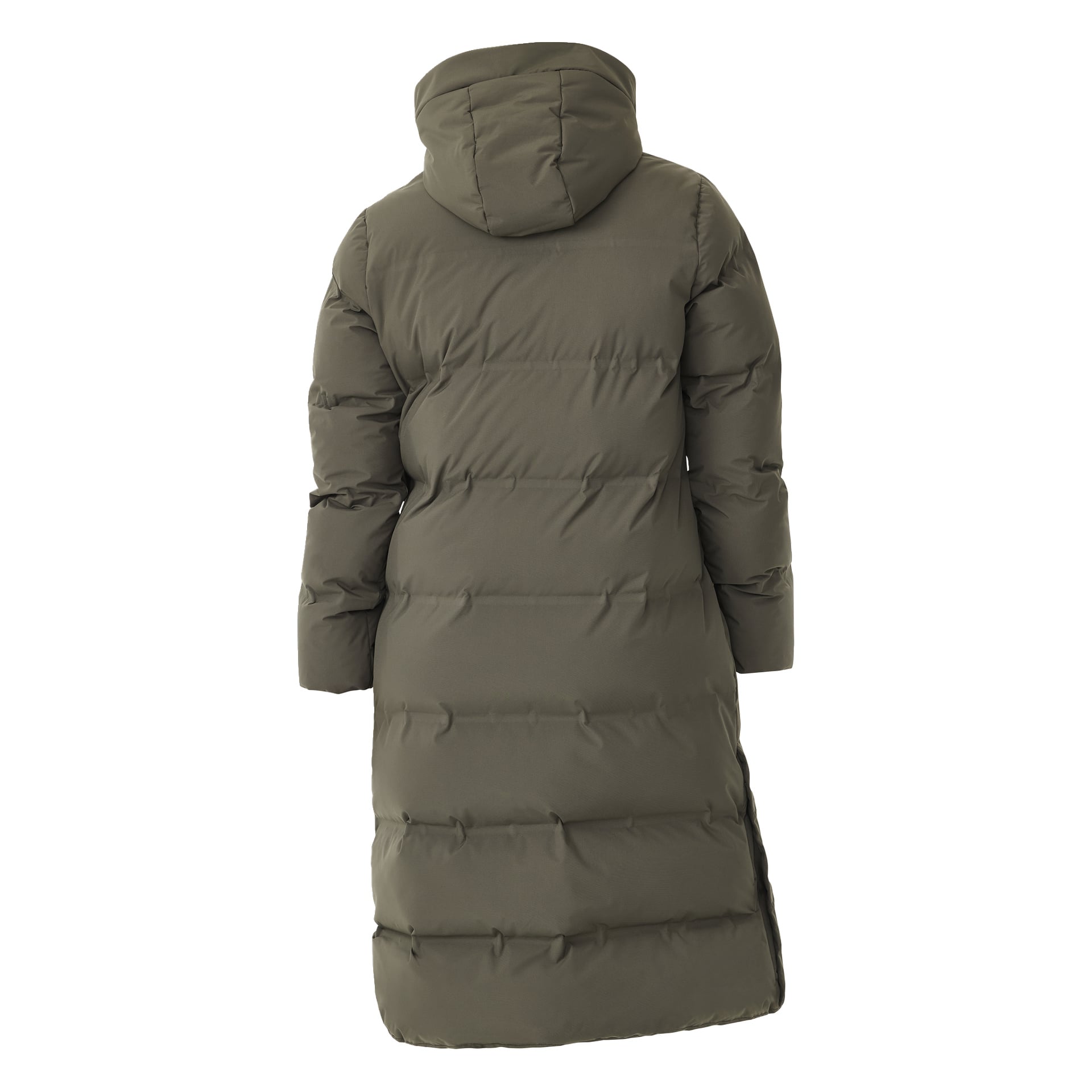 En olivgrön vinterrock från Kayoba Outdoor Women's Storlien visas bakifrån. Kappan är en lång puffer-stil med huva, horisontellt quiltmönster, långa ärmar och går under knäna.