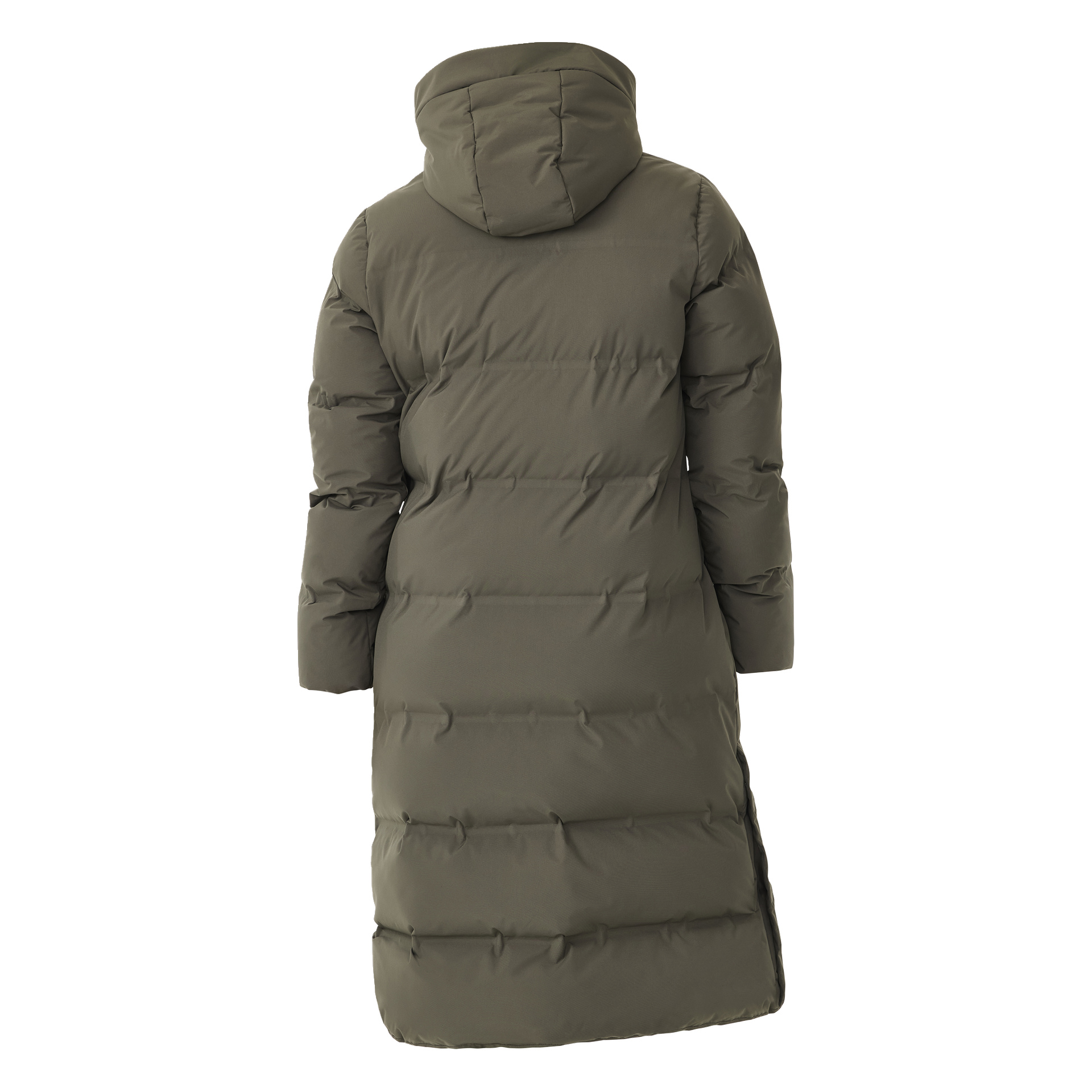 Kayoba Outdoor Women's Winter Coat Storlien on pitkä, oliivinvihreä pallotakki, jossa on hupu. Siinä on vaakapohjainen tilkkutäkki ja se on valmistettu sileästä, eristetystä kankaasta. Kuva näyttää takin takaa.