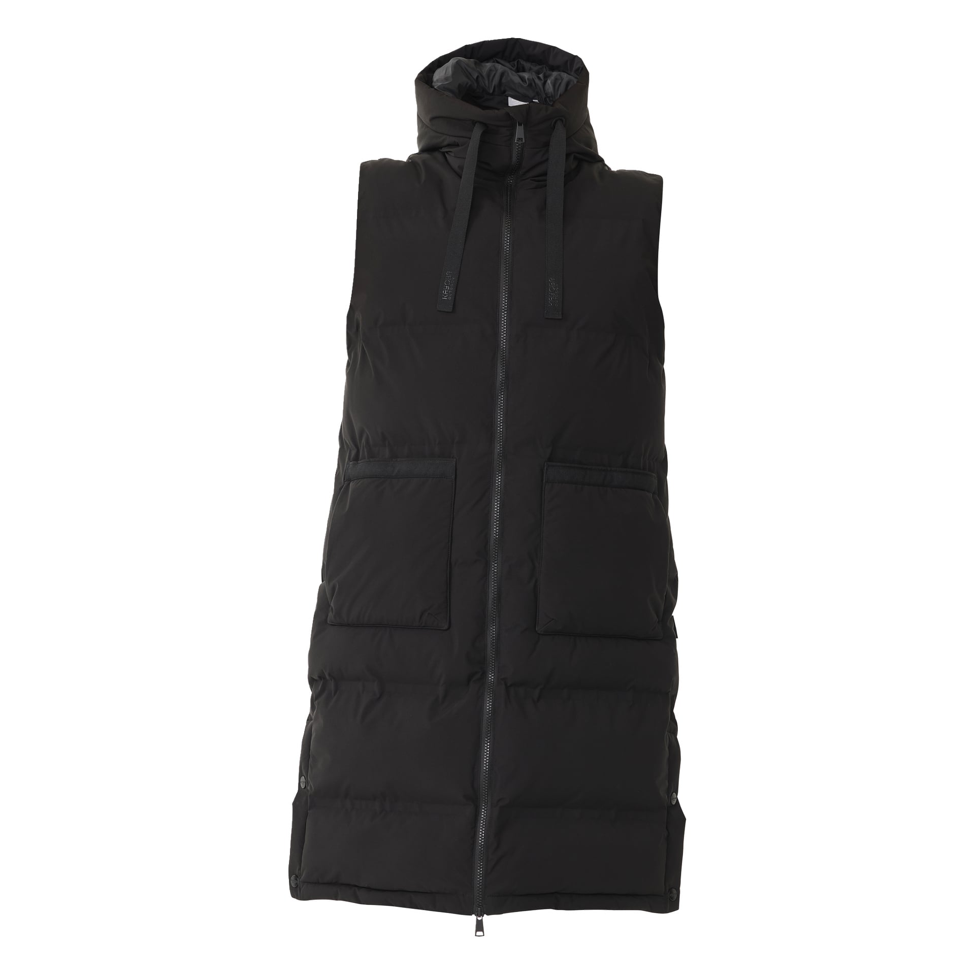 Kayoba Outdoor Padded Women's Gilet, Long Duved, on musta hihaton palloliivi, jossa on etuvetoketju, kaksi tilavaa etutaskua ja huppu kiristysnyöreillä.