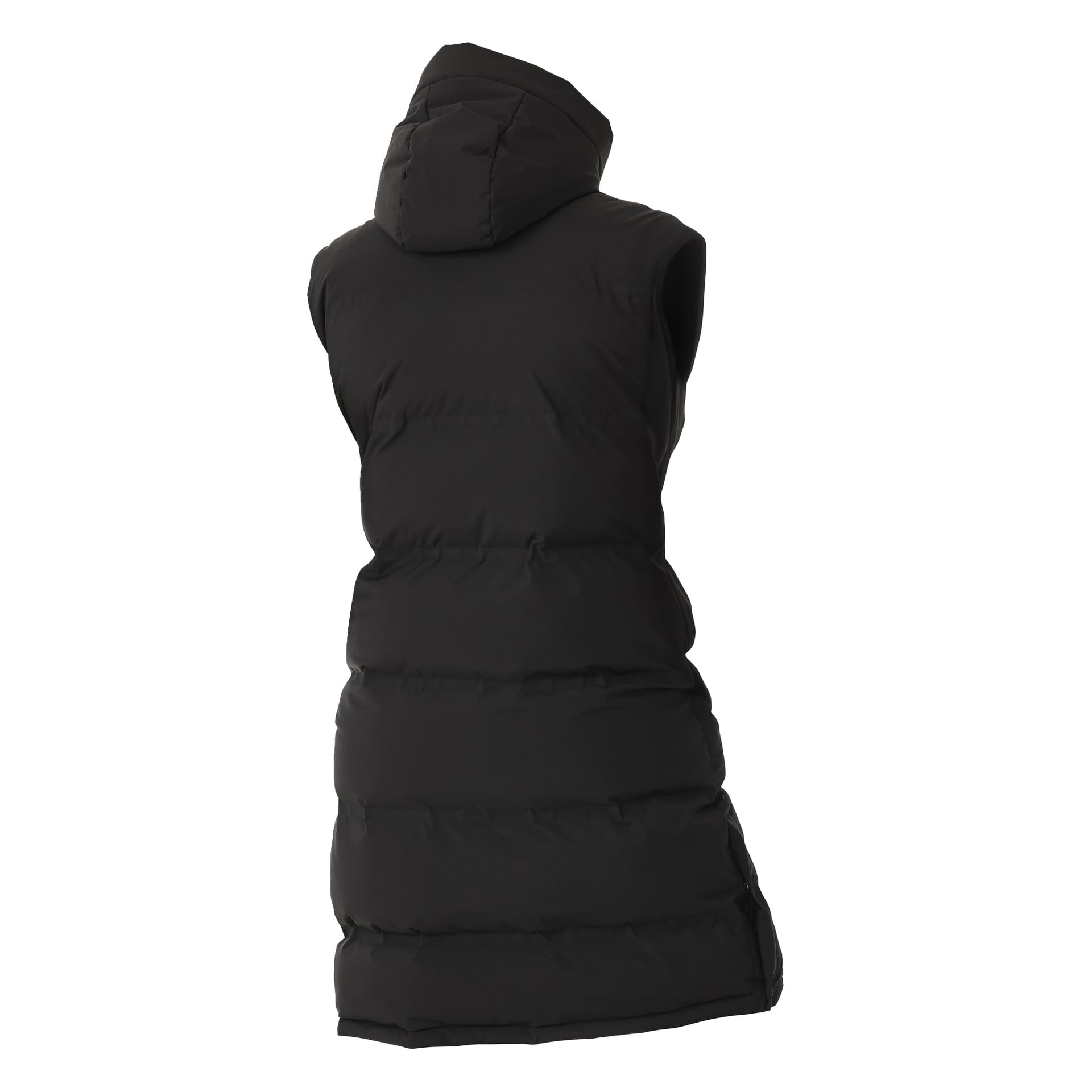 Musta pehmustettu naisten liikka, hihaton ja polvimittainen, pitkä Kayoba Outdoorin huppu päällä, esillä takaa.