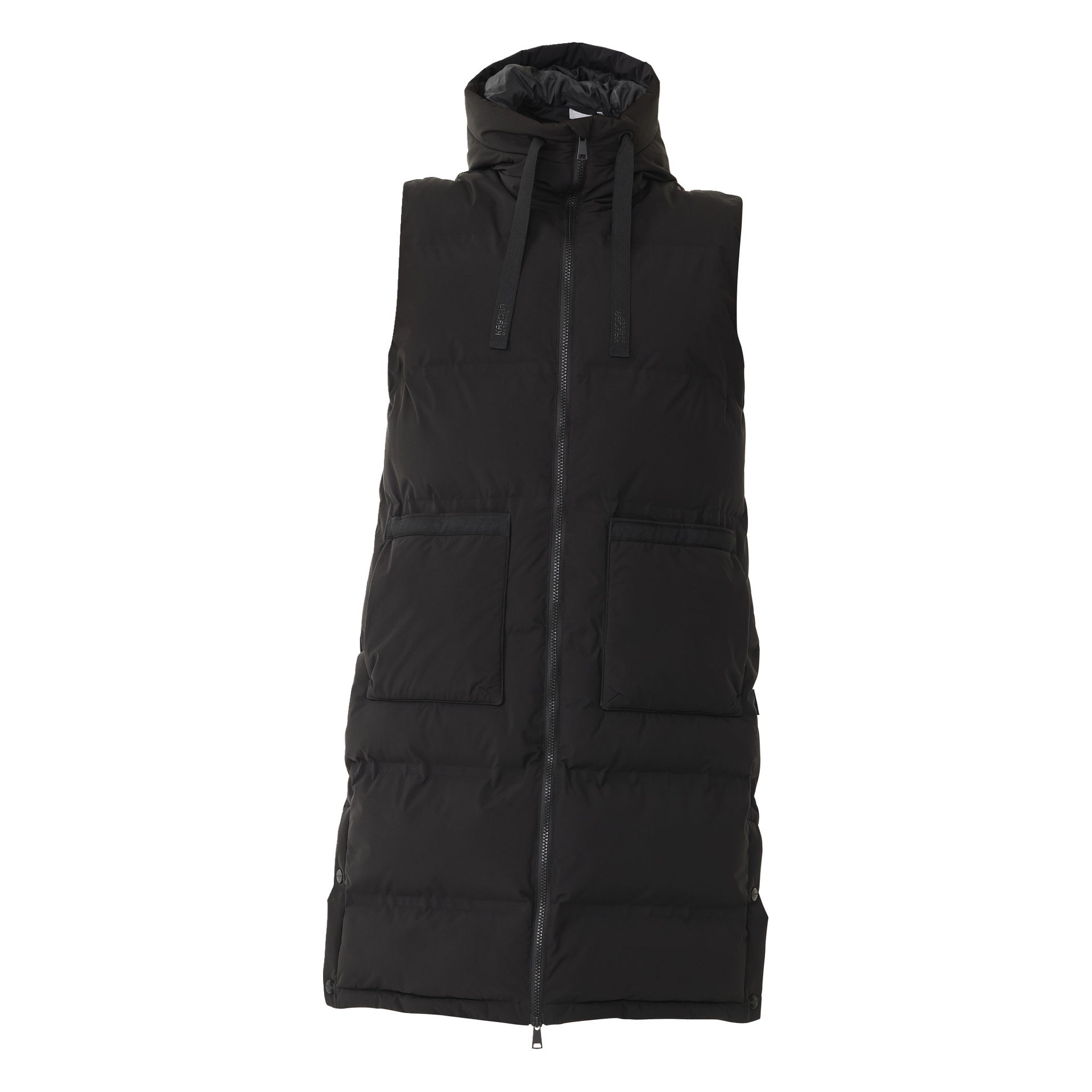 Hihaton musta Kayoba Outdoor -pehmustettu naisten lilet, pitkä Duved-malli, tikattu kangas, huppu säädettävillä nyöreillä, vetoketjullinen etuosa, kaksi suurta etutaskua ja pitkä leikkaus, joka ulottuu vyötärön yli.