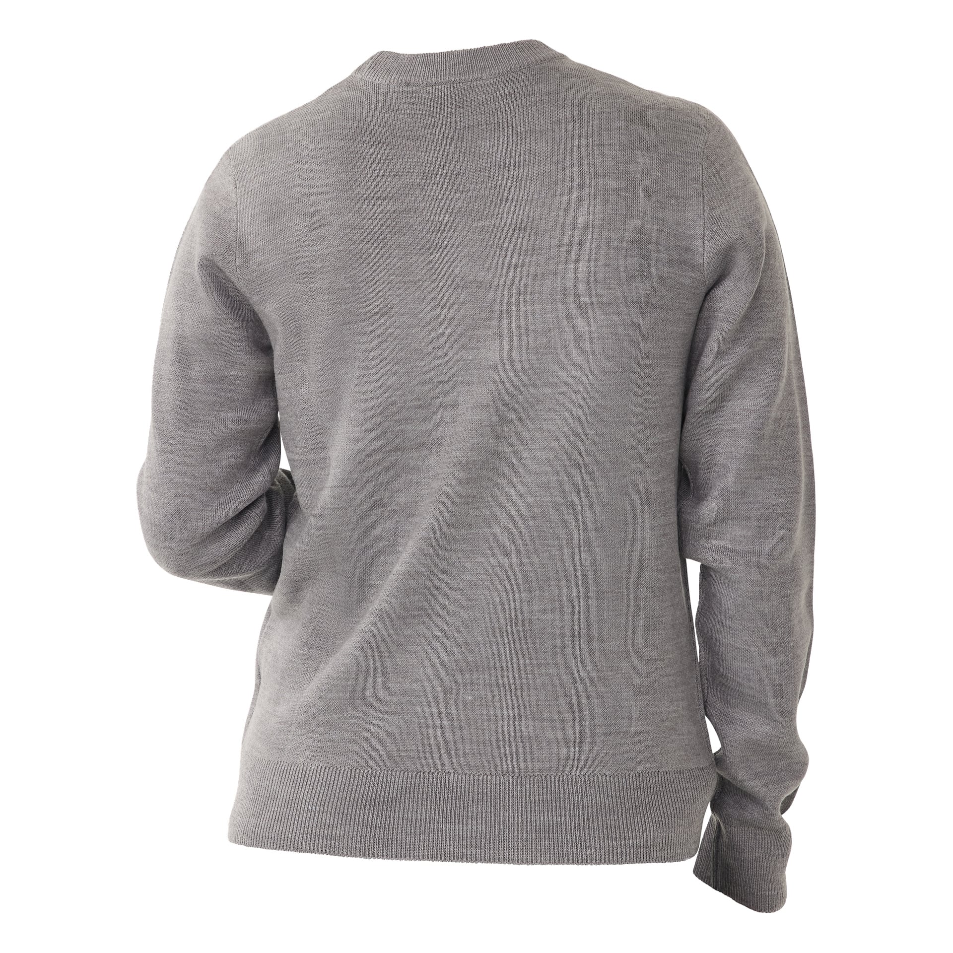 En enkel grå Bluewear-jultröja ses bakifrån, buren av en modell som inte syns. Den har långa ärmar med resårmanschetter samt resååd fåll och halsringning.