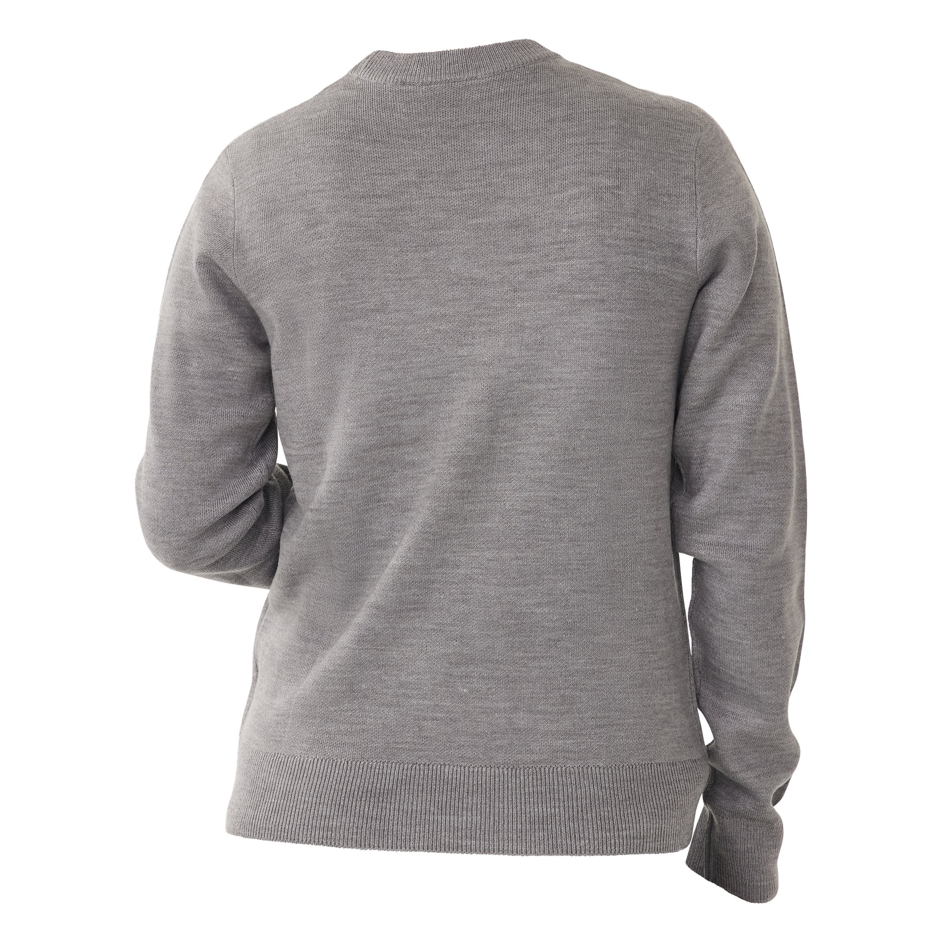 En person sees bakfra iført Bluewear-juletoppen, en grå genser med lange ermer, rund hals og ribbestrikkede mansjetter og fald. Bildet er sterkt opplyst.