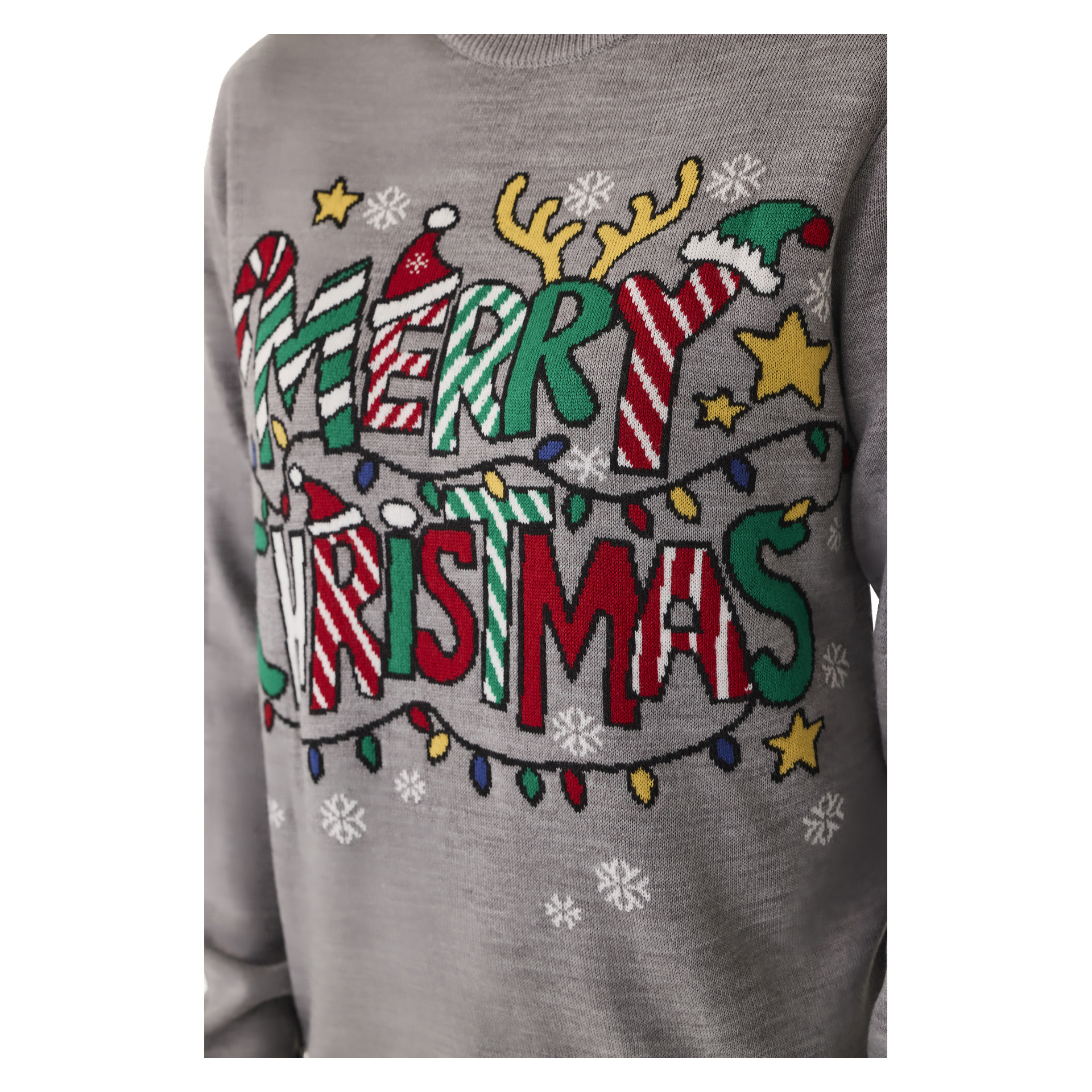Lähikuva Bluewearin jouluneuleesta—harmaa neulottu paita, jossa kirkkailla, juhlavilla kirjaimilla lukee "Merry Christmas" ja koristeltu joulukuvioilla, tähdillä, lumihiutaleilla, valonaruilla, joulupukin hatulla ja poron sarvilla.
