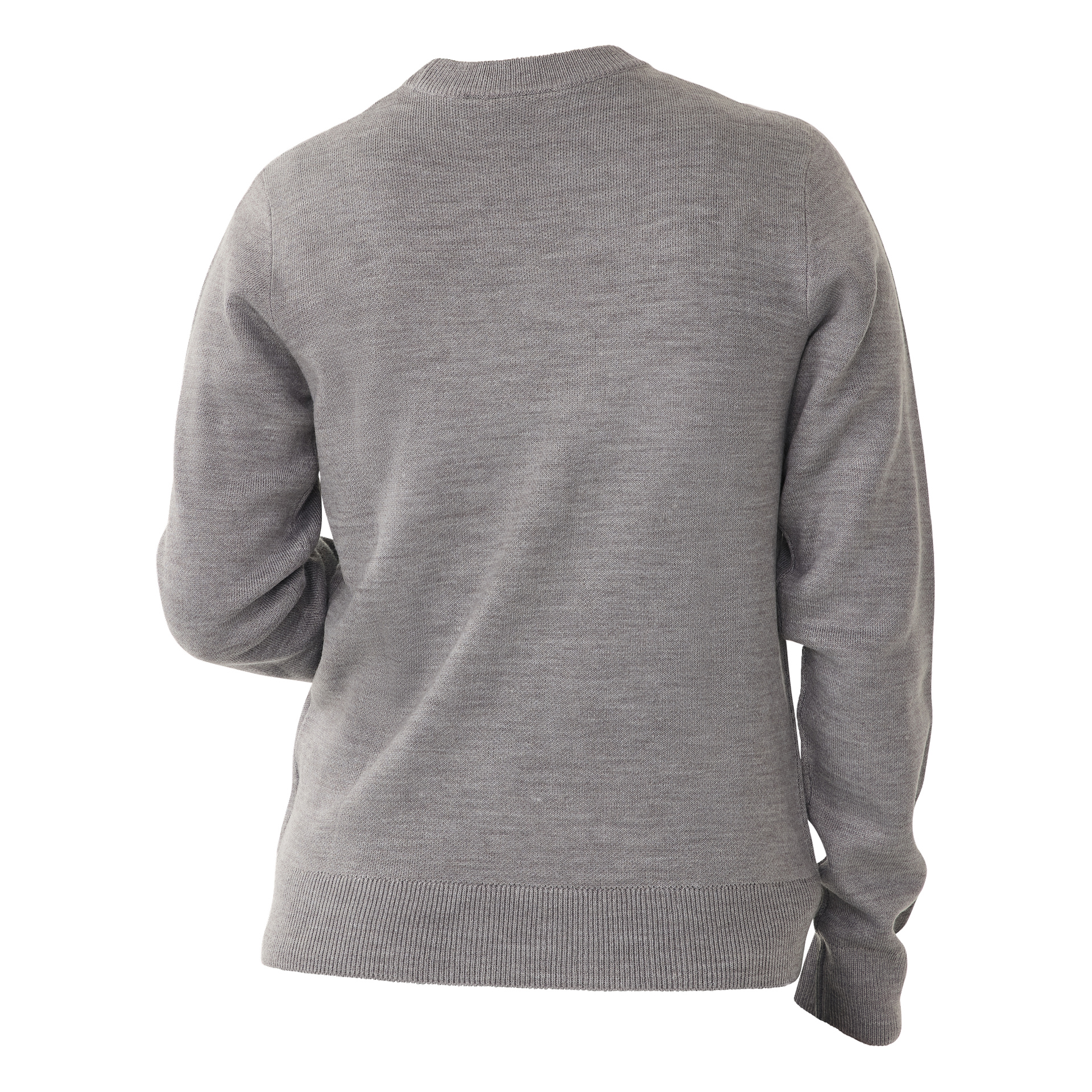 En person syns bakifrån iklädd Bluewear-jultoppen, en enkel ljusgrå tröja med långa ärmar och resåriga detaljer vid mudder, fåll och krage. Vänster arm är lätt böjd.