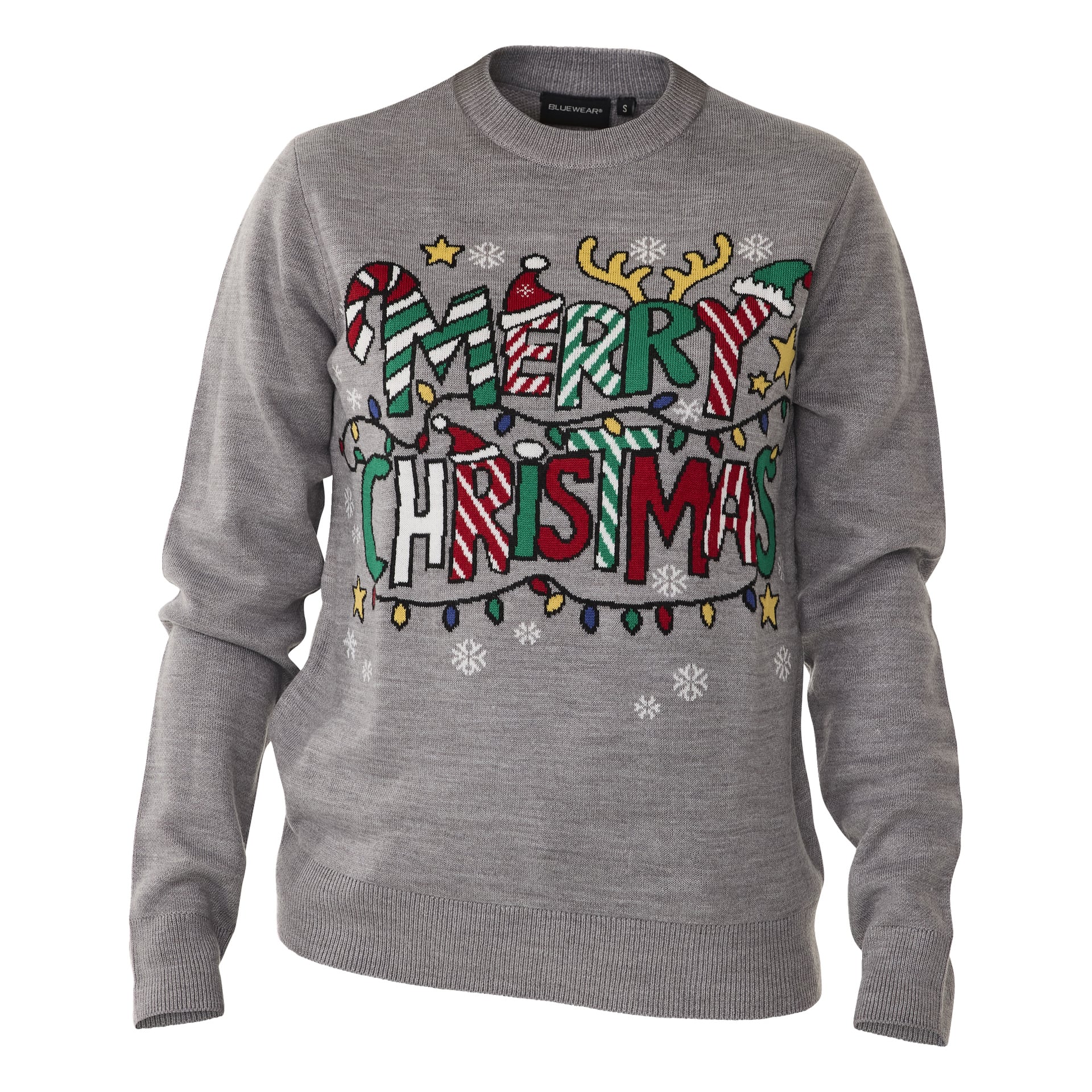 Bluewear-jultoppen är en grå tröja dekorerad med färgglada texter "Merry Christmas" och festliga motiv som polkagrisar, järnek, renhorn, julbelysning, stjärnor och snöflingor.