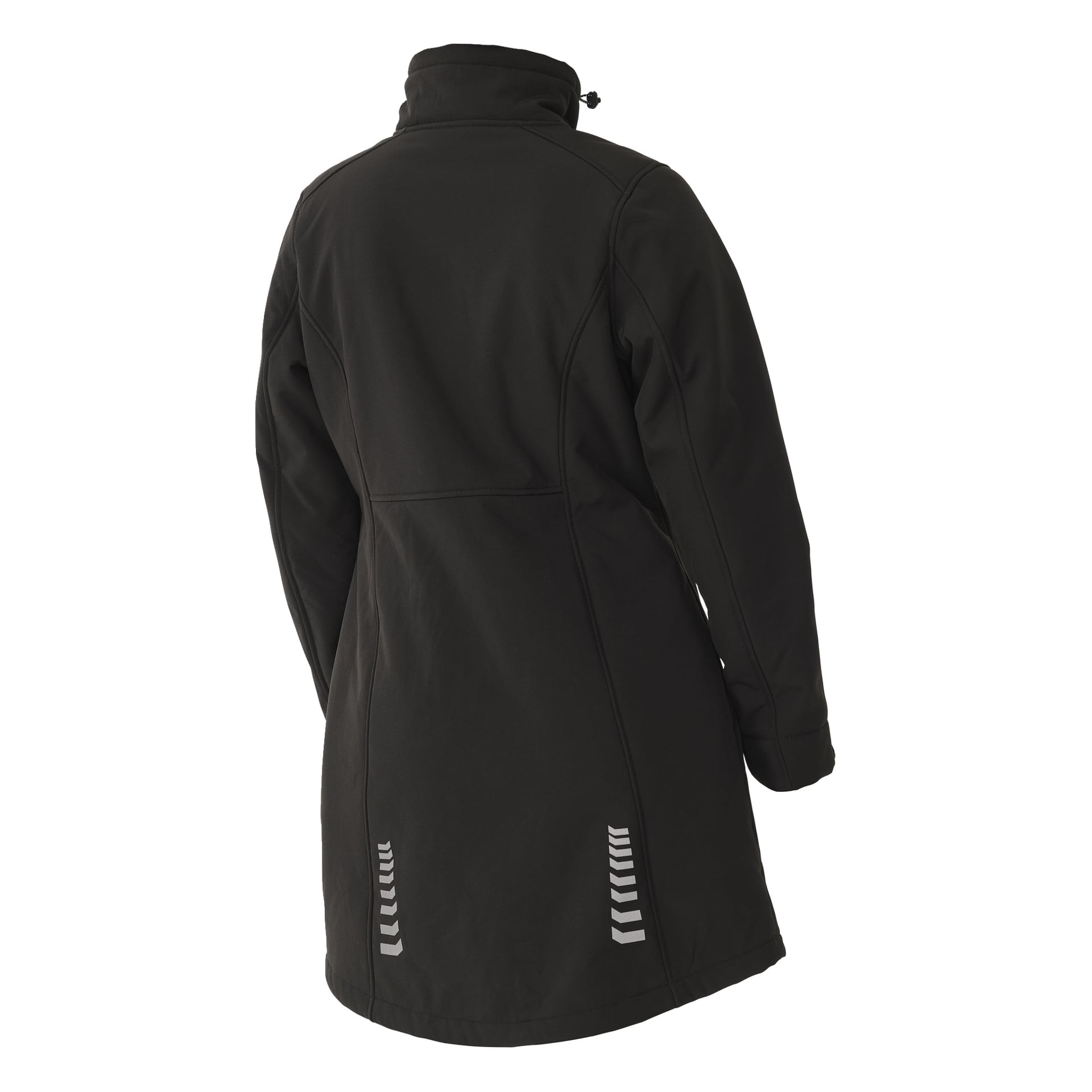 Die Bluewear Damen-Softshell-Jacke mit langer Gunnel ist von hinten in Schwarz zu sehen. Diese knielange Jacke verfügt über einen hohen Kragen, lange Ärmel und reflektierende Chevron-Akzente nahe dem unteren Saum auf jeder Seite.