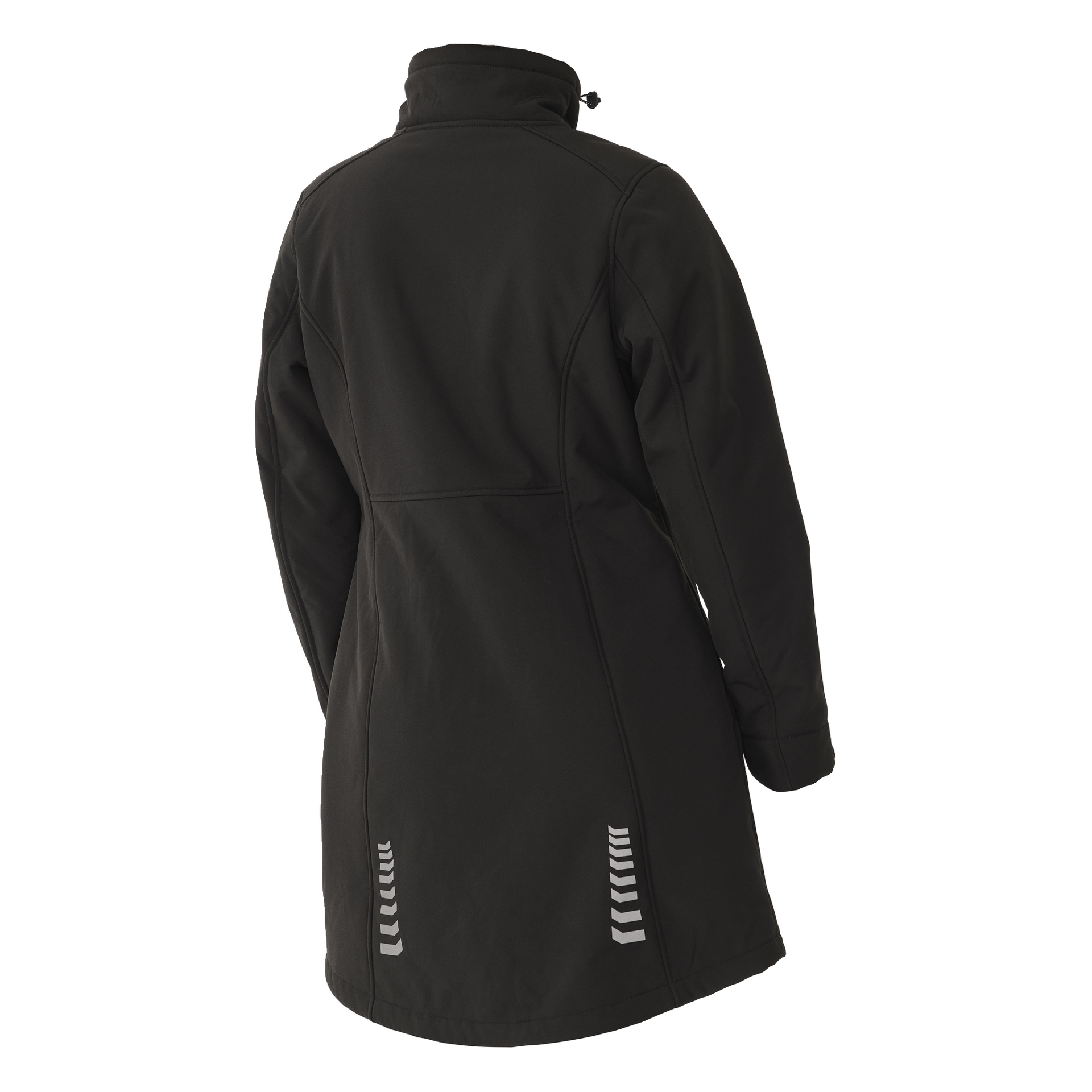 Takaa on esillä musta Bluewear Women's softshell-takki, pitkä Gunnel-tyylinen. Siinä on korkea kaulus, muotoilevat saumat ja kaksi heijastavaa raidallista paikkaa alahelmassa.