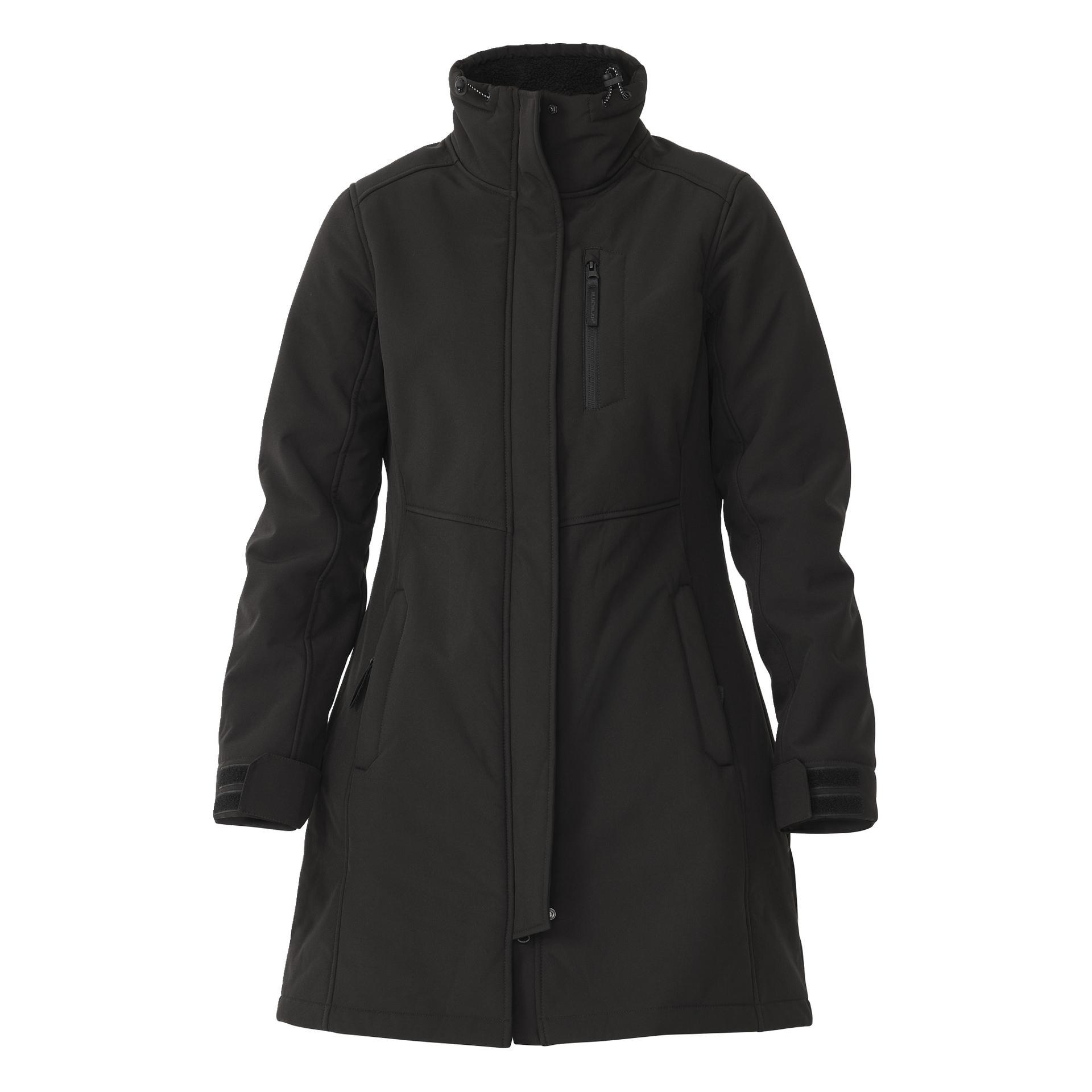 Bluewear Women's softshell long Gunnel -takki on tyylikäs, musta ja pitkä talvitakki naisille. Siinä on korkea kaulus, vetoketjullinen rintatasku, kaksi sivutaskua, säädettävät kalvosimet ja piilotettu etuvetoketju sekä muodin että käytännöllisyyden vuoksi.