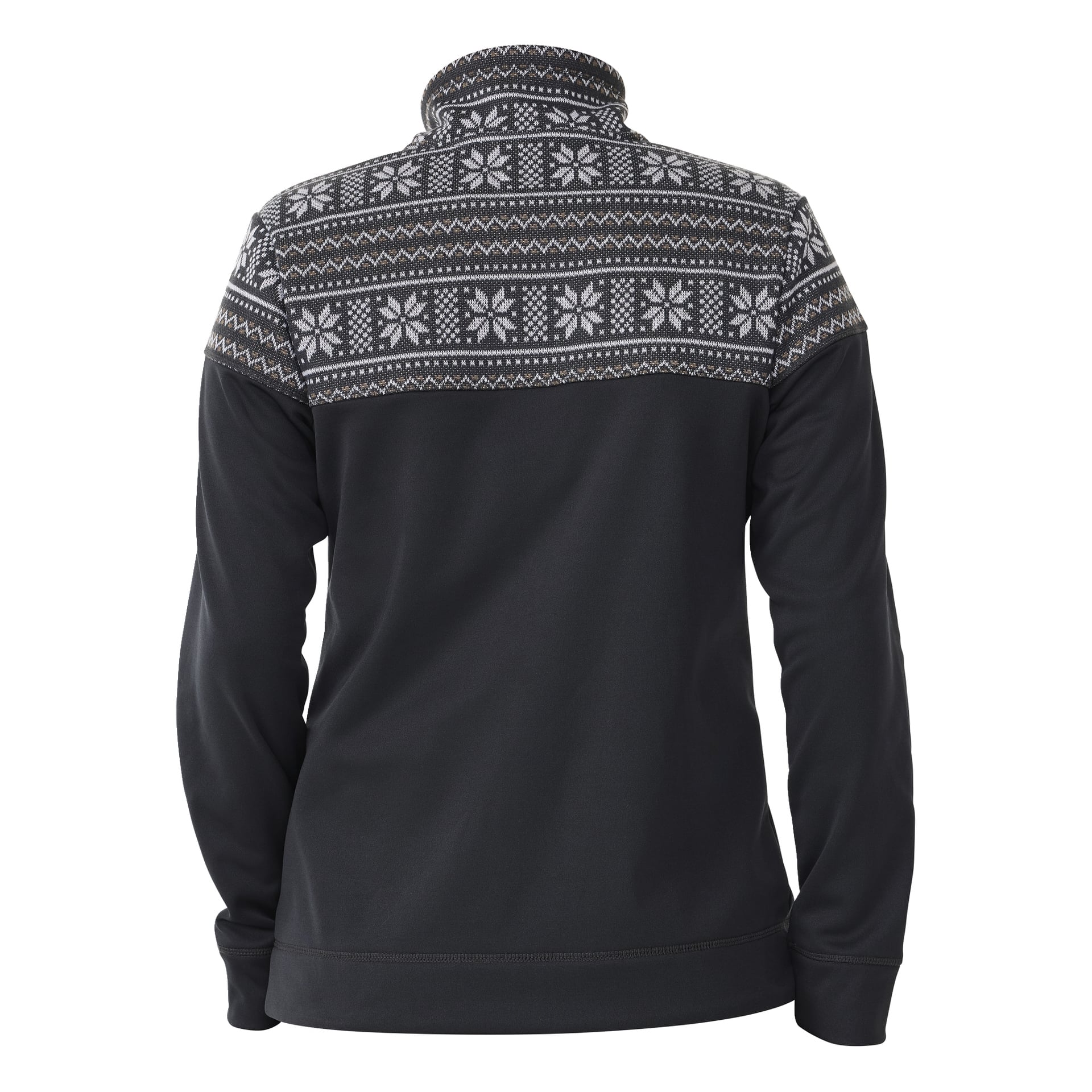 Takanäkymä Kayoba Outdoor Women's Valbo -keskikerroksen neuleesta mustana, jossa on valkoinen ja harmaa geometrinen pohjoismainen kuvio olkapäillä ja yläselässä. Villapaidassa on pitkät hihat ja pystykaulus.