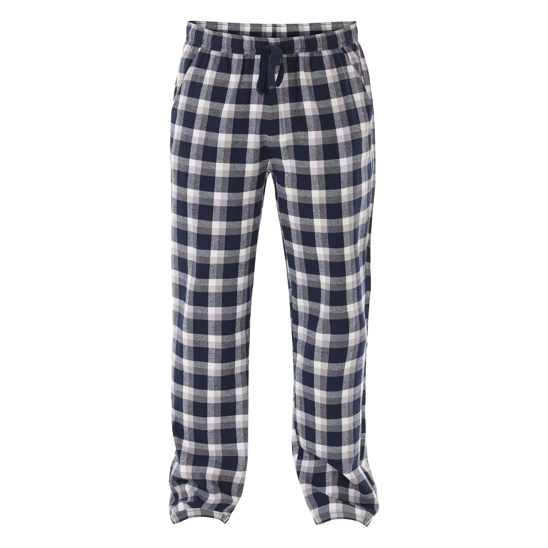 Bluewear-pyjamasbyxor i ett rutigt mönster i marinblått, grått och vitt, designade med både resår i midjan och dragsko.