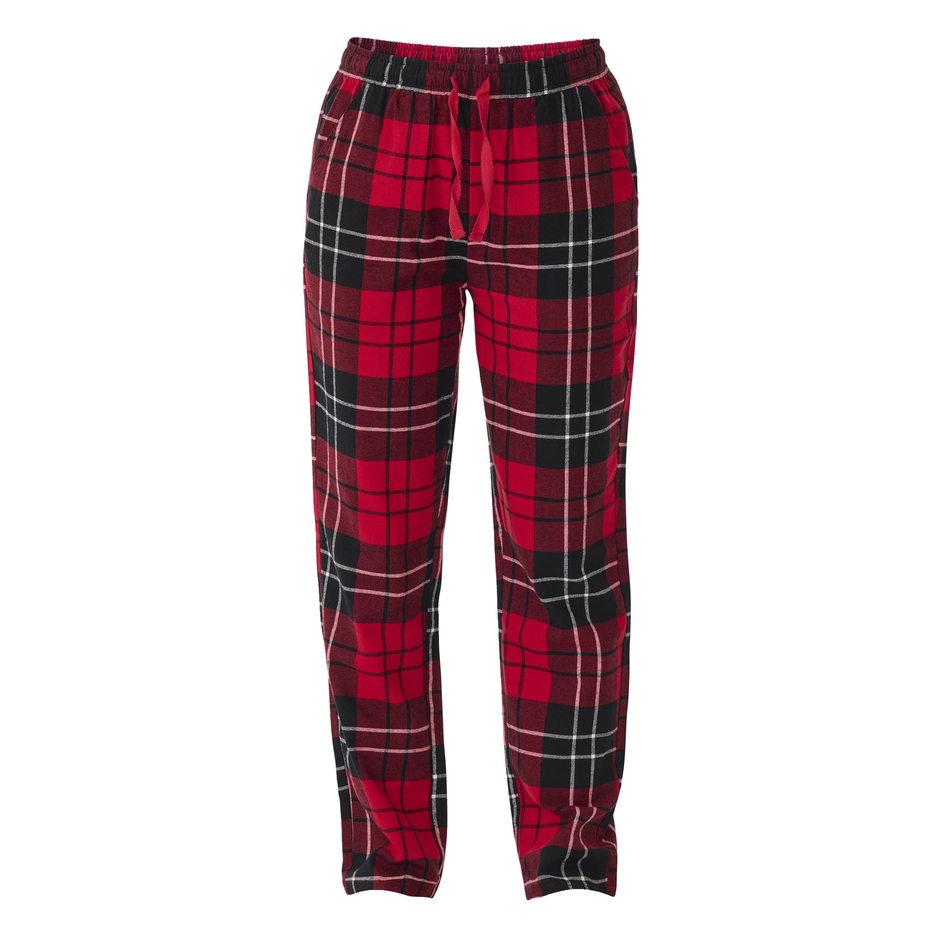 Bluewear-pyjamasbyxor med röd, svart och vitt rutigt mönster med elastiskt midjeband och dragsko, framifrån. Tillverkad av mjukt, flanellliknande material.