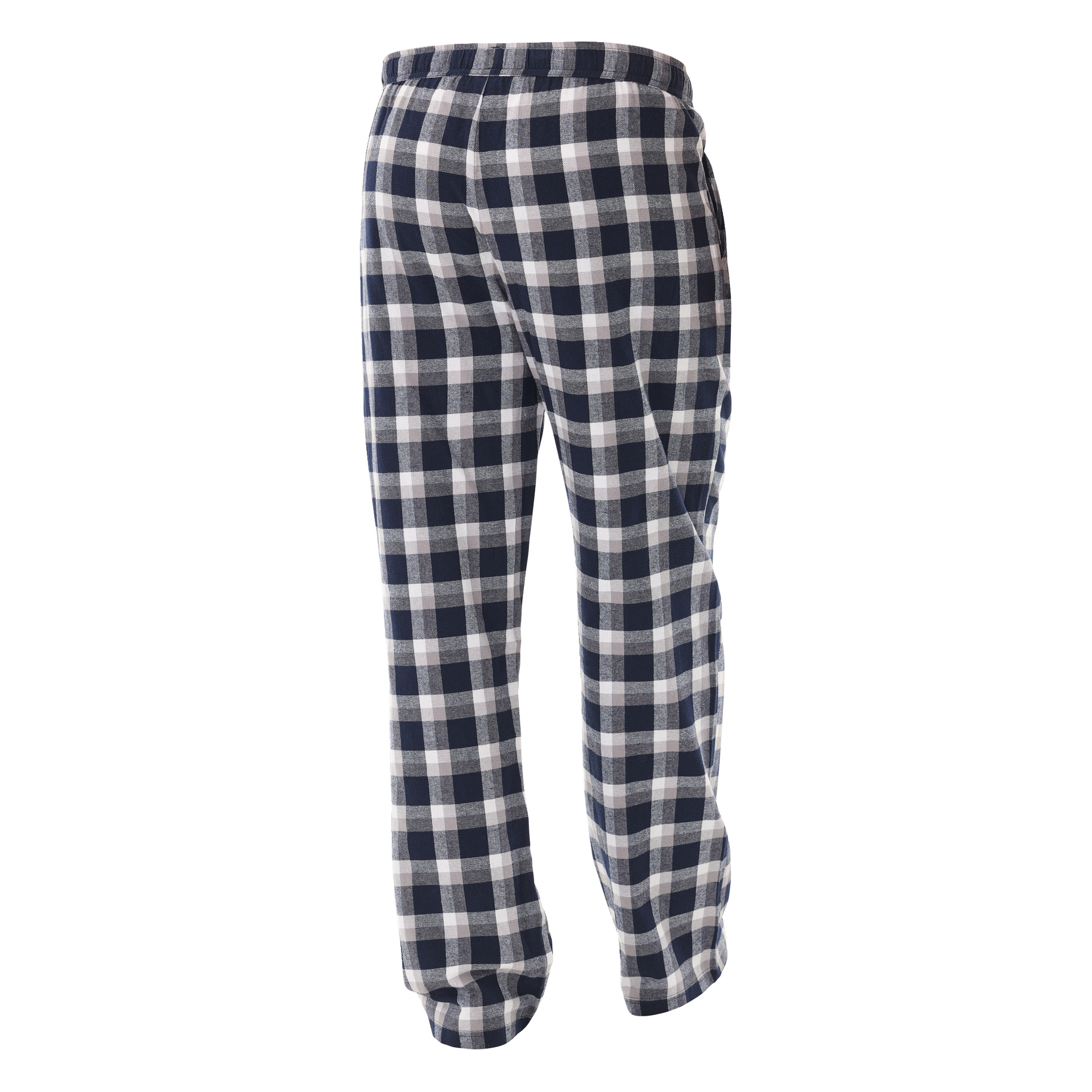 Bluewear-pyjamasbyxor med resår i midjan, med ett svart, vitt och grått rutigt mönster, ses bakifrån.