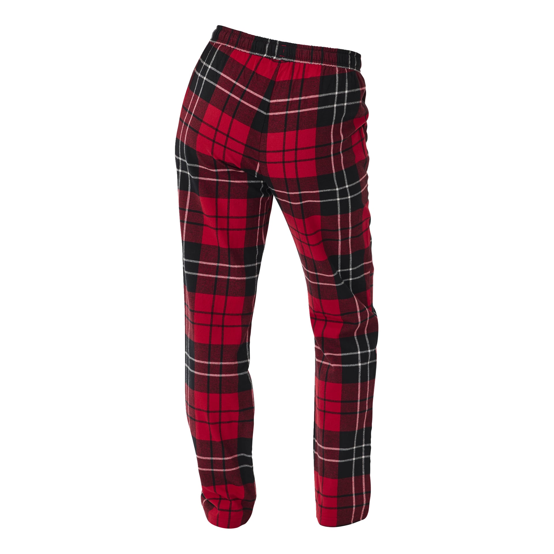 Ett par Bluewear pyjamasbyxor med röd, svart och vitt rutigt mönster och resår, visade stående upprätt.