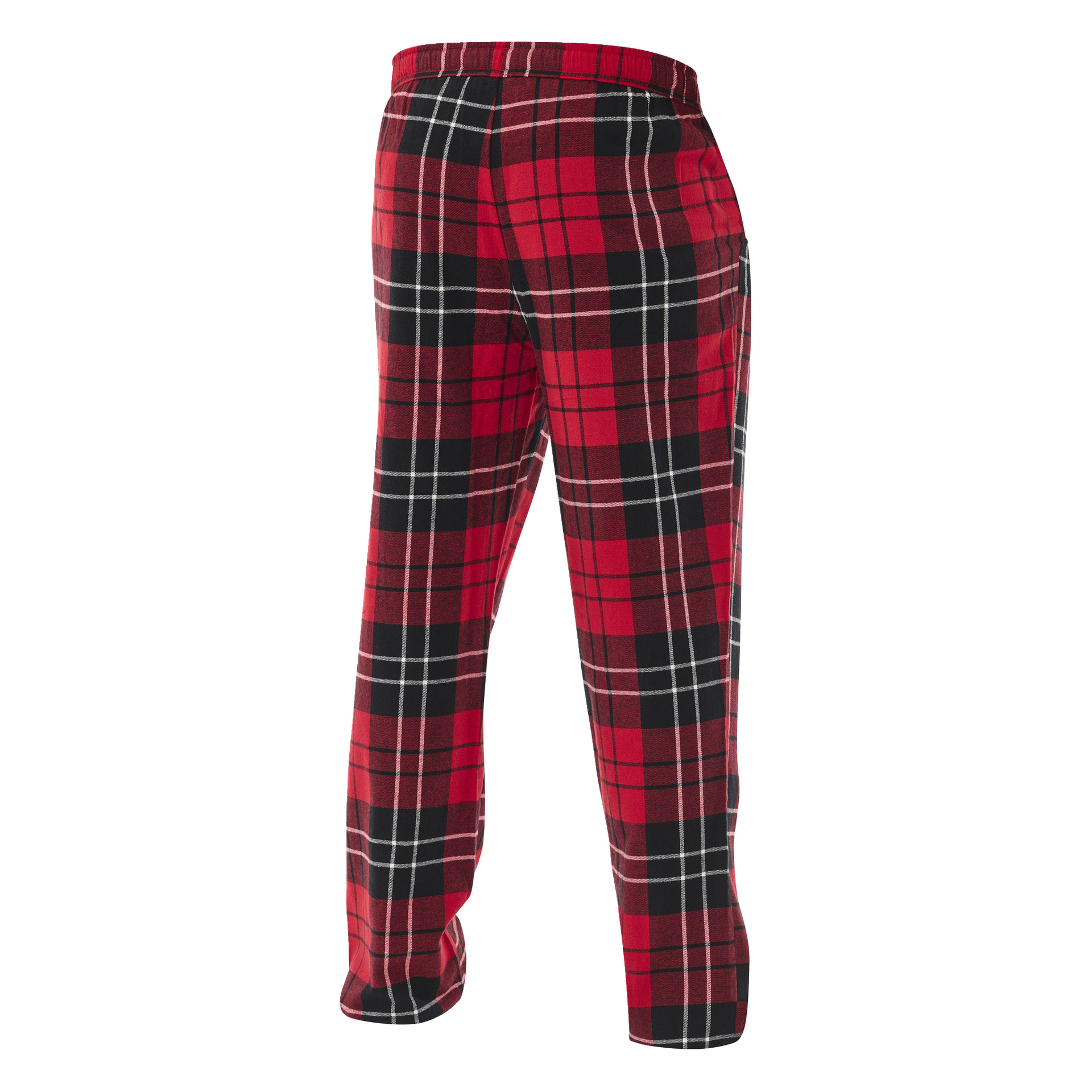 Blåklädda pyjamasbyxor med röd, svart och vitt rutigt mönster visas i en vinkel åt vänster. De har ett elastiskt midjeband och en avslappnad, lös passform.