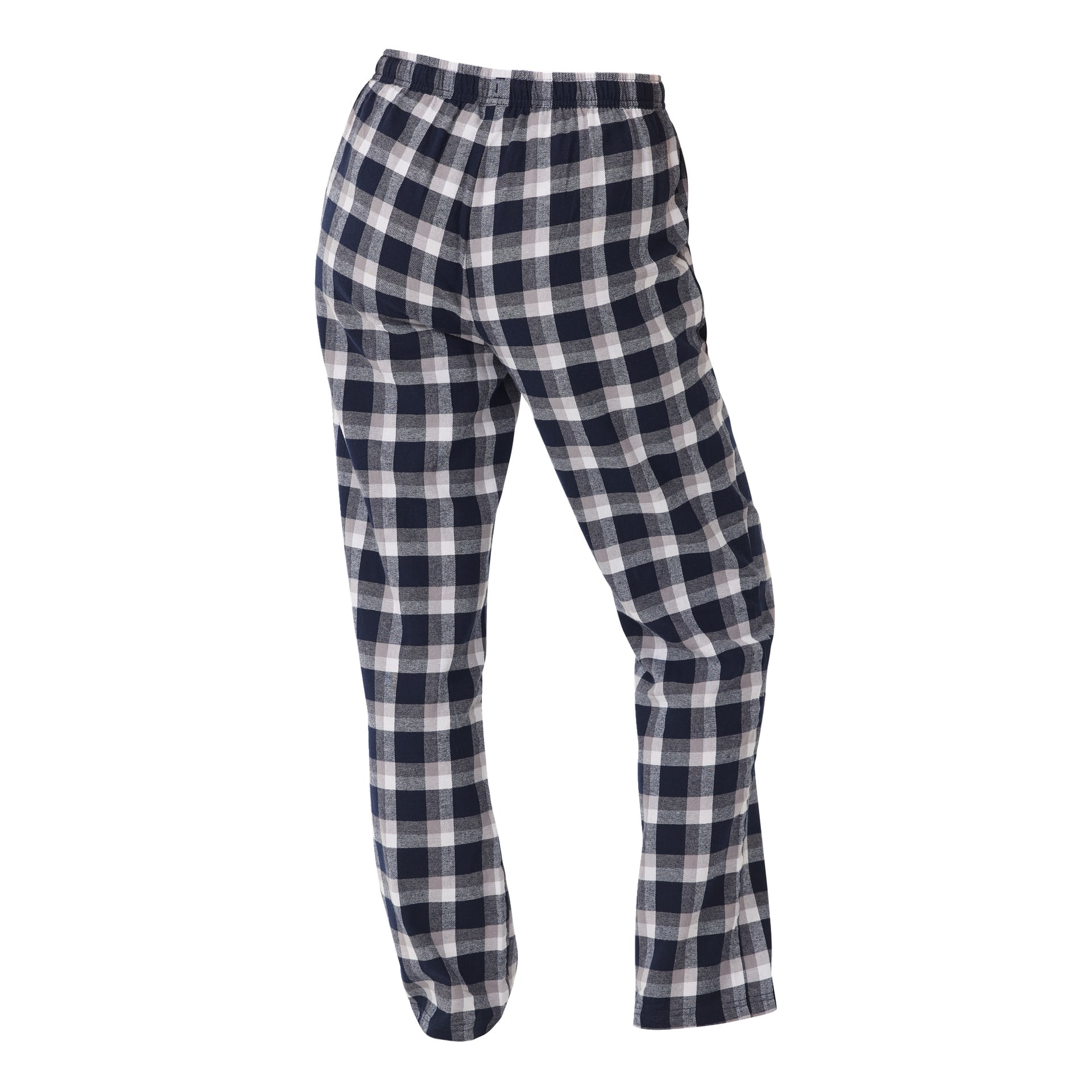 Bluewear pyjamasbyxor med svart, vit och grå rutig design visas. Byxorna har ett elastiskt midjeband och en lös, bekväm passform, synlig från sidor och rygg.