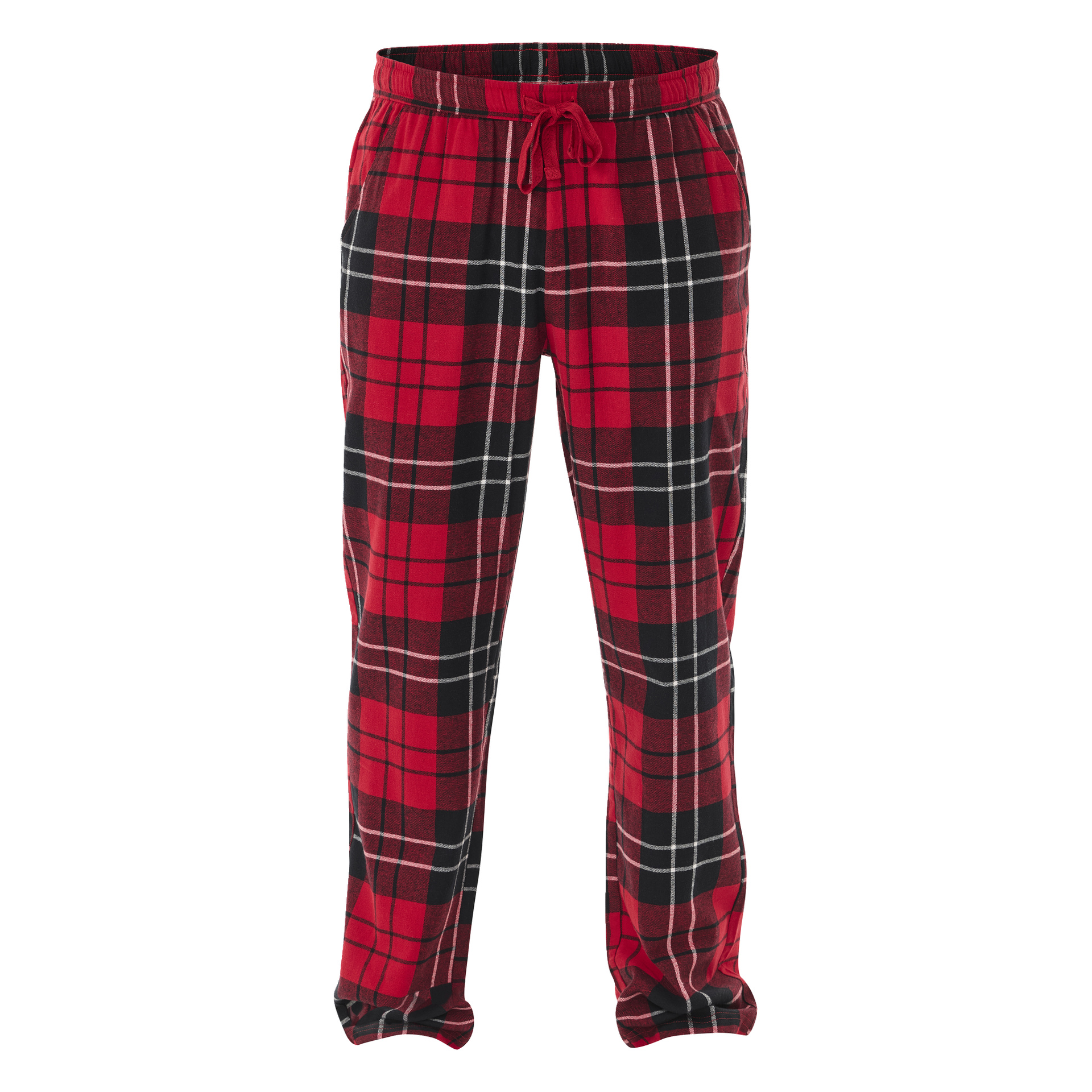 Bluewear-pyjamasbyxor med röd, svart och vitt rutigt mönster, med elastiskt midjeband och dragsko.