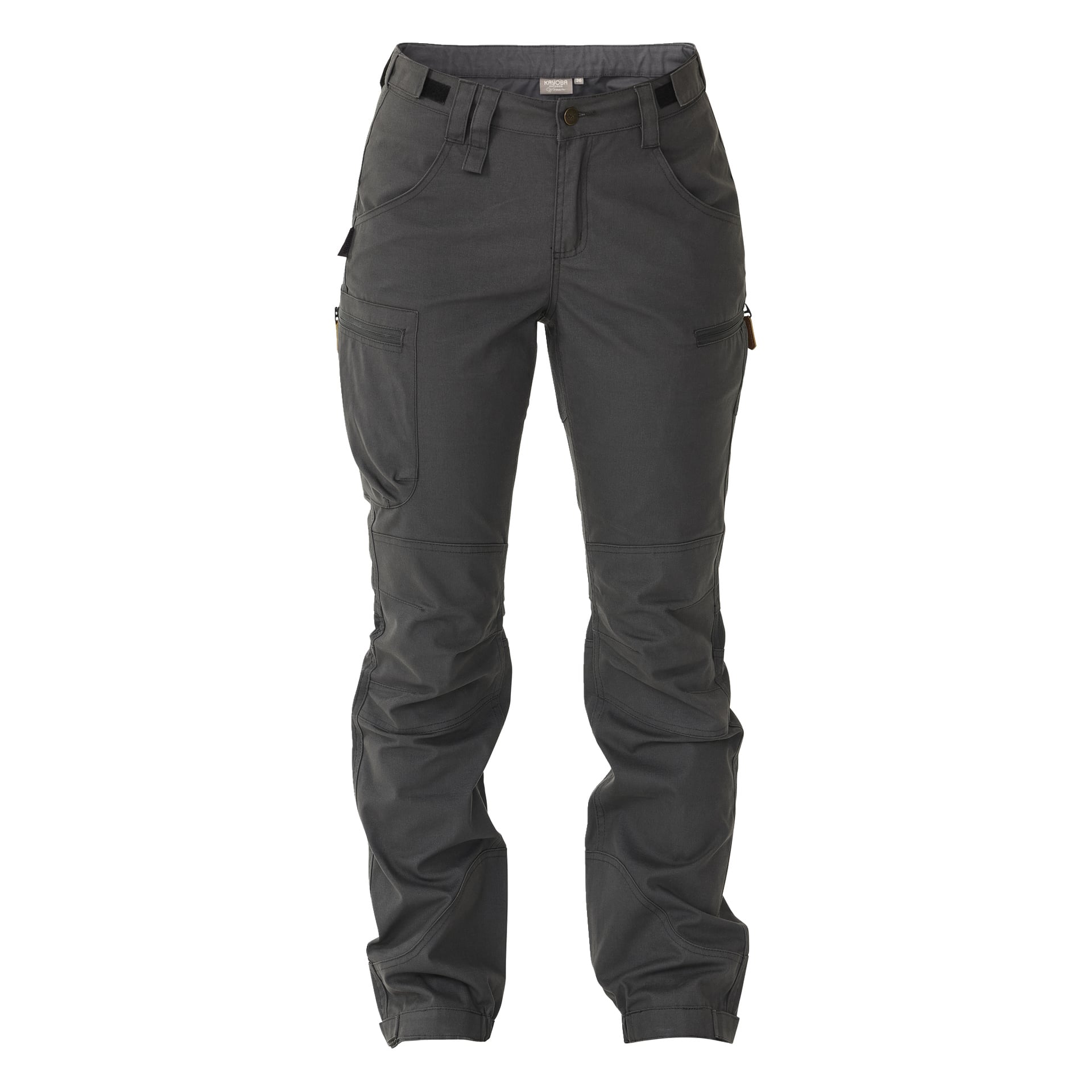 Kayoba Outdoor Leisure damebukser Älvdalen 2.0 i mørkegrått, designet med rette ben, forsterkede knepaneler, flere lommer, belteløkker og tydelig søm.