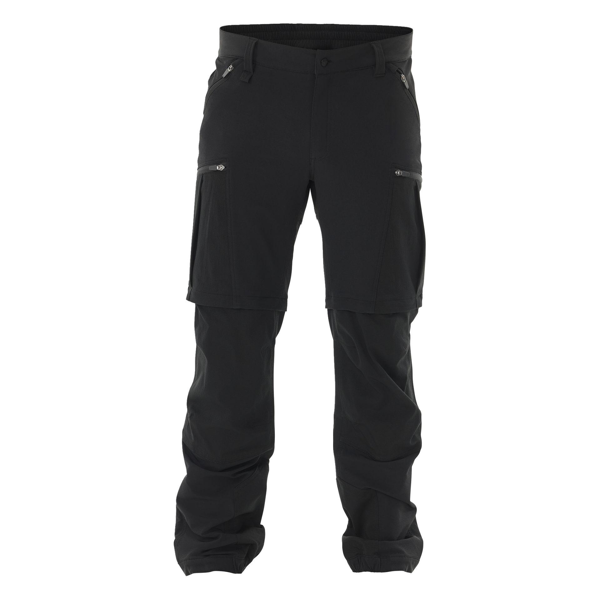 Herrbyxor med dragkedja med dragkedja från Kayoba Outdoor visas framifrån med två sidofickor med dragkedjor och extra dragkedjor ovanför varje knä, vilket gör att benen kan tas av och bäras som shorts.
