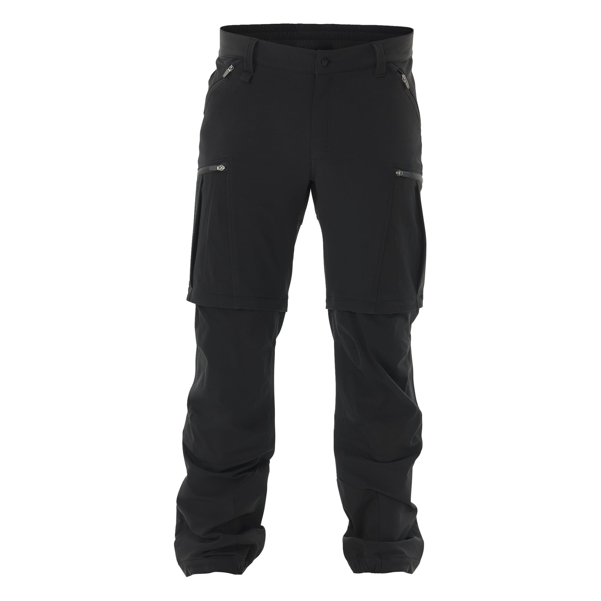Die Herrenhosen Abisko mit Reißverschluss von Kayoba Outdoor werden von vorne präsentiert, mit zwei Seitentaschen mit Reißverschlüssen und zusätzlichen Reißverschlüssen oberhalb jedes Knies, sodass die Beine abgenommen und als Shorts getragen werden können.