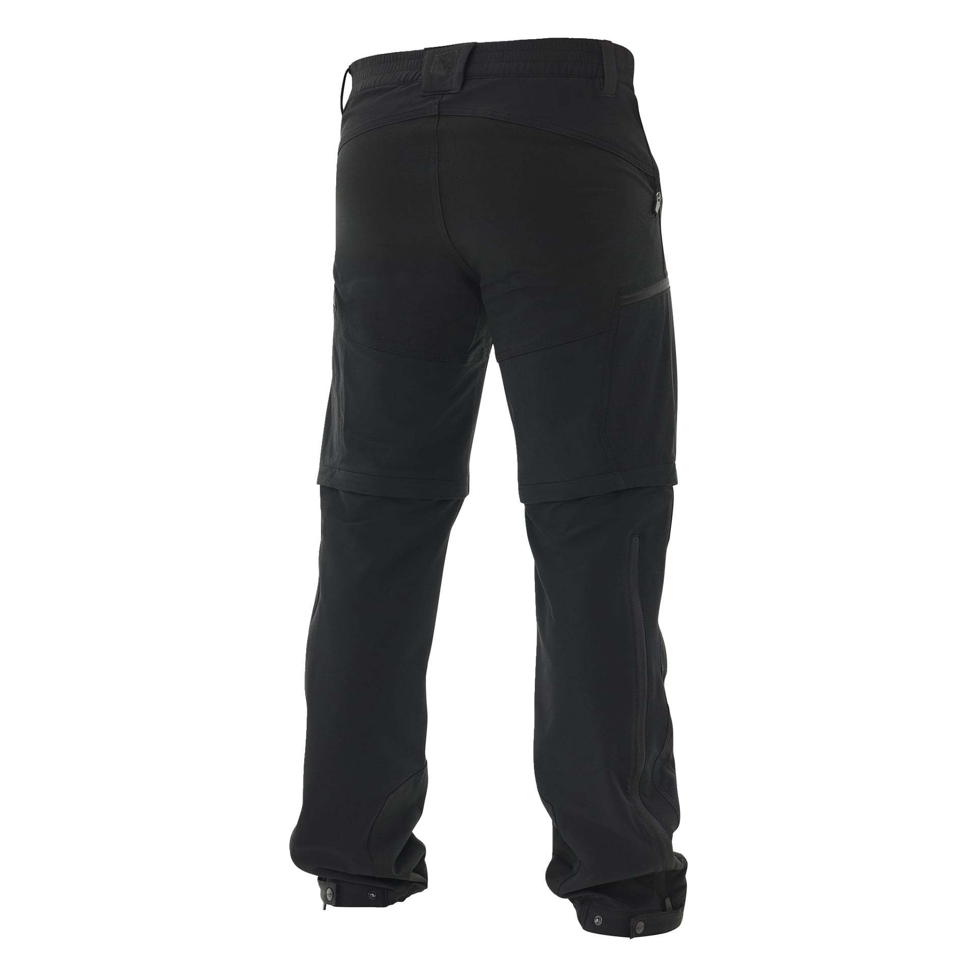 Von hinten zu sehen ist eine schwarze Kayoba Outdoor Herren-Abisko-Zip-off-Outdoor-Outdoor-Hosen mit Reißverschlusstaschen, verstärkten Knien und Reißverschlüssen an den Beinöffnungen. Diese robusten Hosen eignen sich für Wanderungen und andere Outdoor-Aktivitäten.