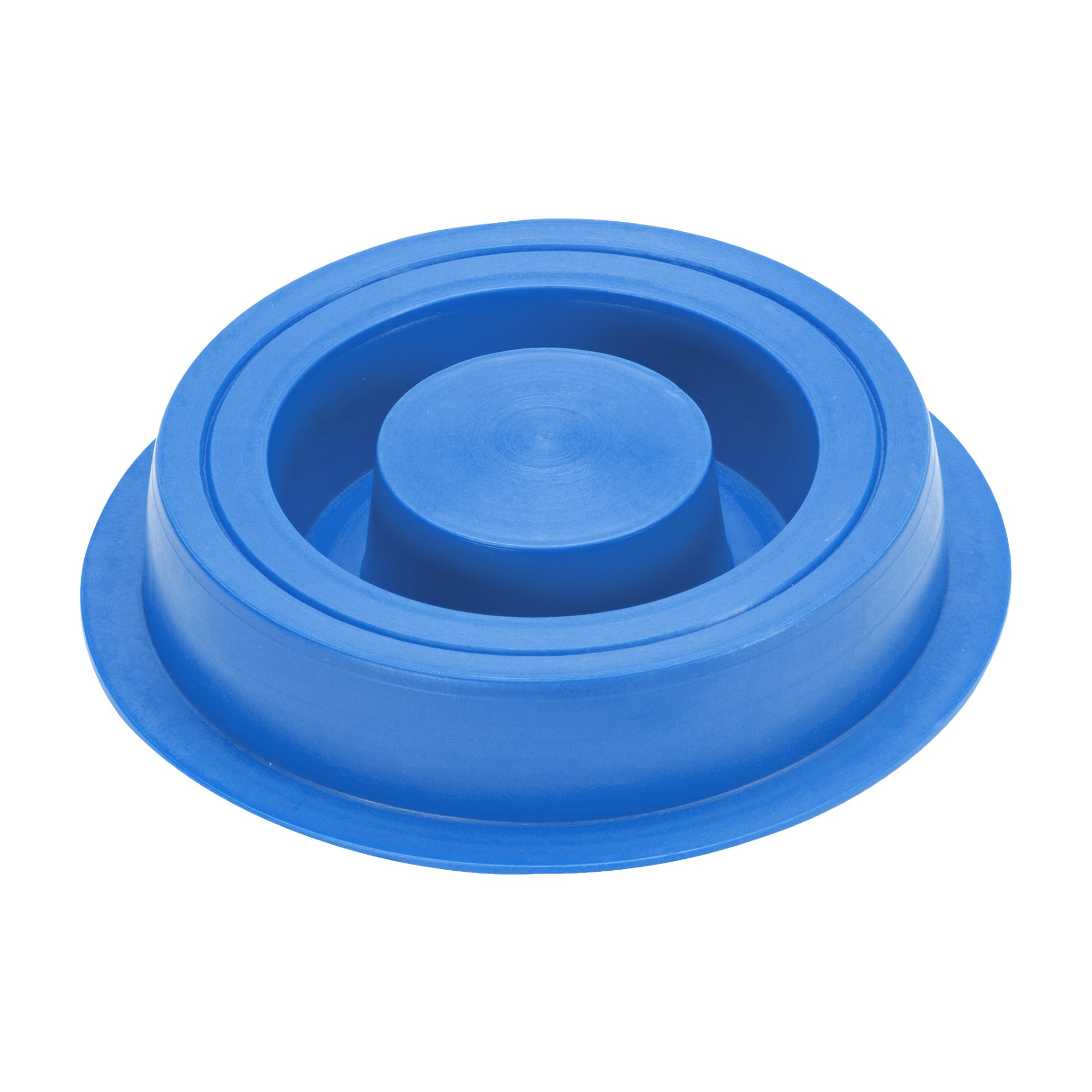 En blå, cirkulär plastpropp från Terana har en upphöjd mittpunkt och två cirkulära åsar, vilket ger den utseendet av en husdjursskål för slow feeder ur ett överhuvudperspektiv.