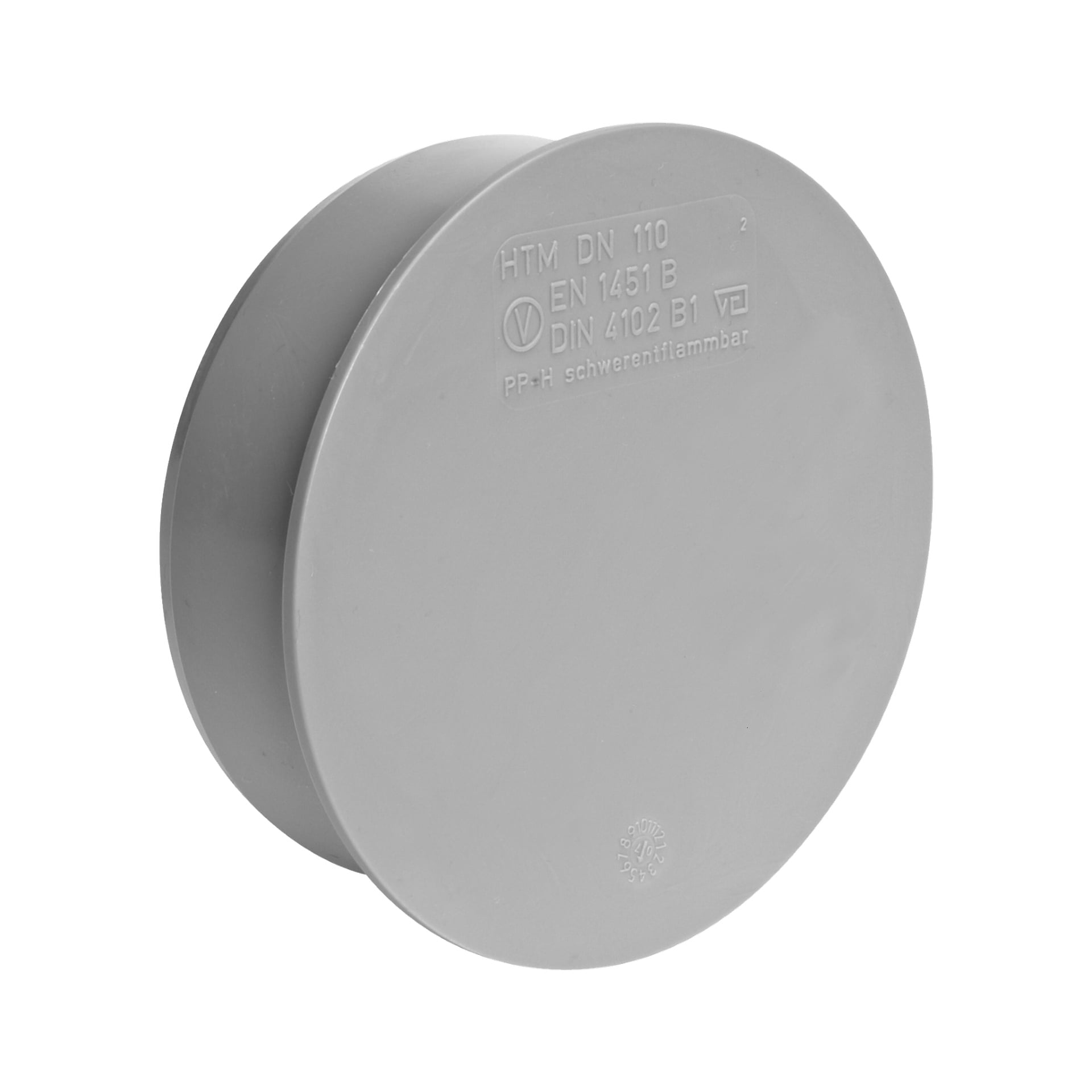 En grå, cylindrisk plaststoppare av Terana med en slät yta och upphöjda tekniska detaljer, såsom HTM DN 110 tillsammans med standarderna EN 1451 B och DIN 4102 B1.