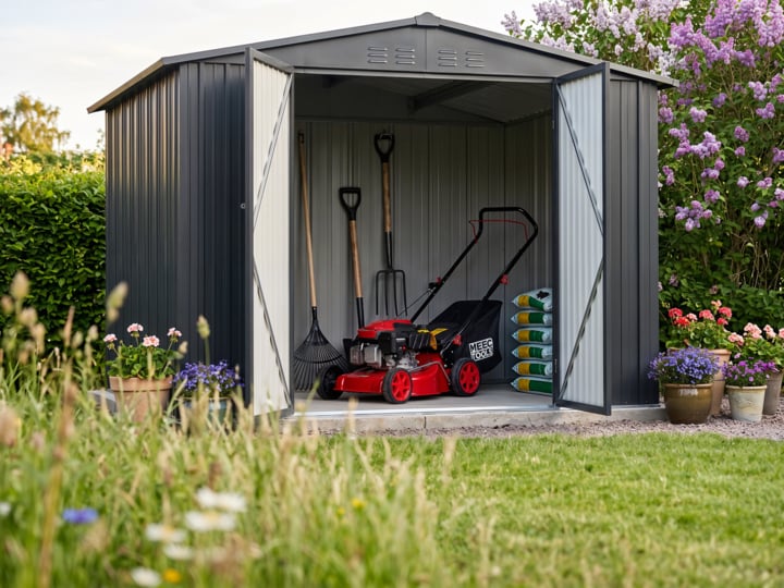 Die offenen Türen eines Metall-Gartenschuppens offenbaren einen roten Rasenmäher, einen Rechen, eine Schaufel und mehrere Säcke Dünger im Inneren. Topfblüten schmücken den Eingang, umgeben von üppigem Gras und Gartenpflanzen.