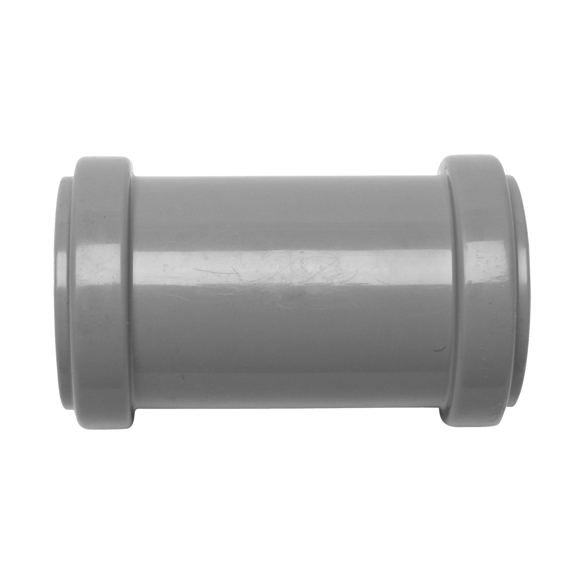 En Terana Double-ärm tillverkad av grå plast, som visar en cylindrisk form med markerade upphöjda kanter i båda ändar. Utsidan är slät och visar några mindre repor.