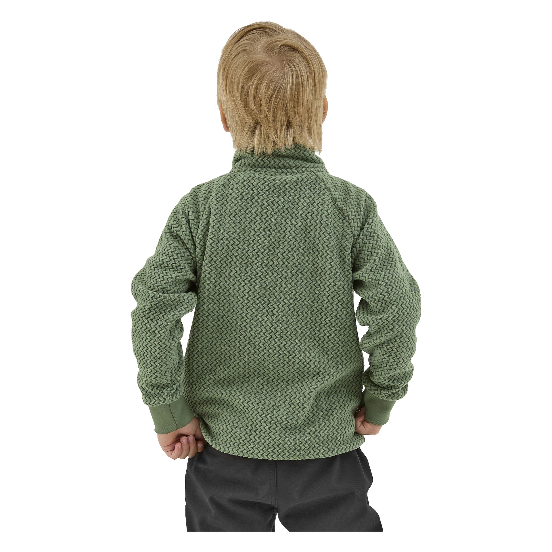 Pieni vaaleahiuksinen lapsi, joka näkyy takaapäin, pukeutuu Kayoba Outdoor Childrenin vihreään Omberg-fleecetakkiin ja tummiin housuihin.