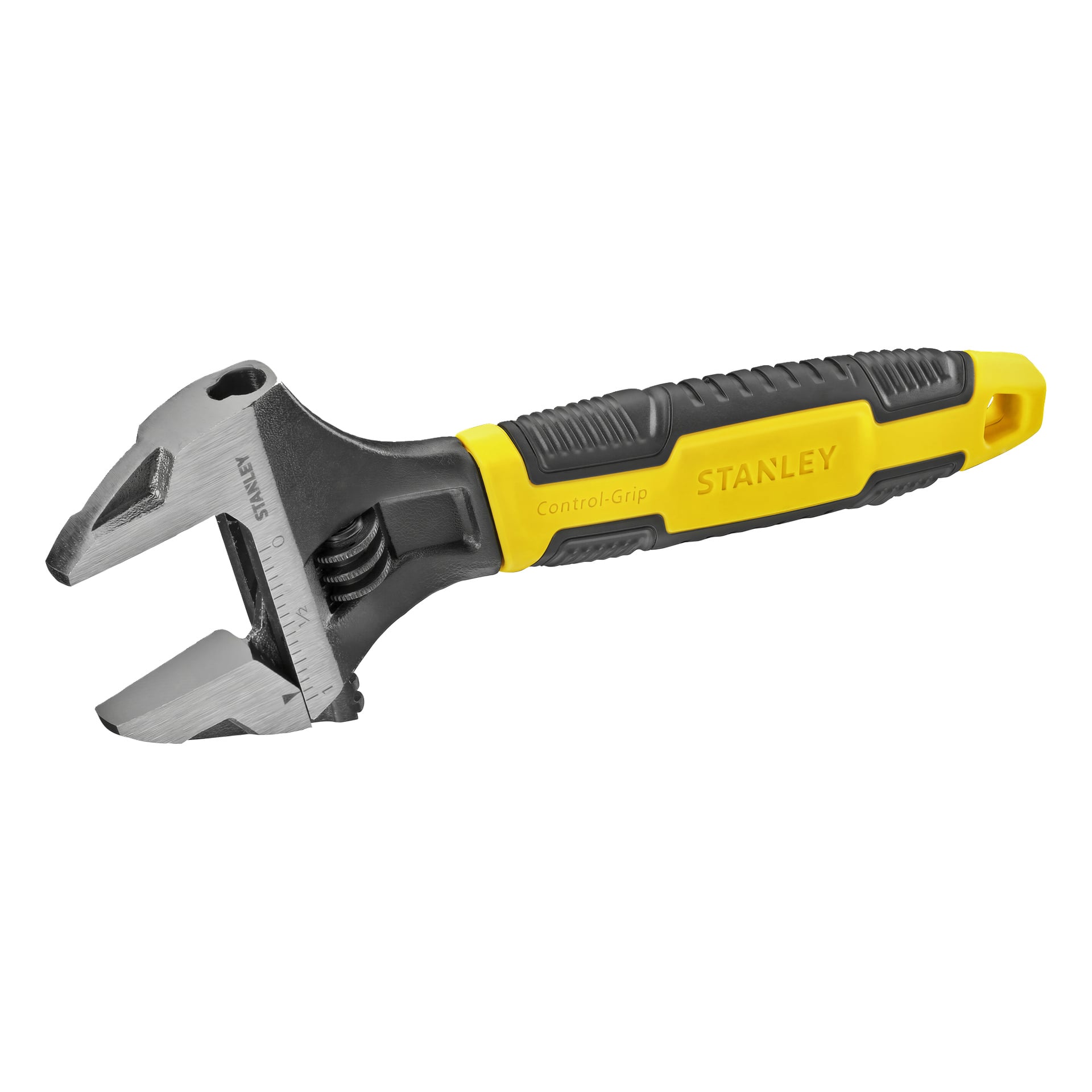 En justerbar Stanley-skiftnyckel i gult och svart, utrustad med ett strukturerat grepphandtag, en metallkäke märkt med mått och Stanley-logotypen visad på sidan.