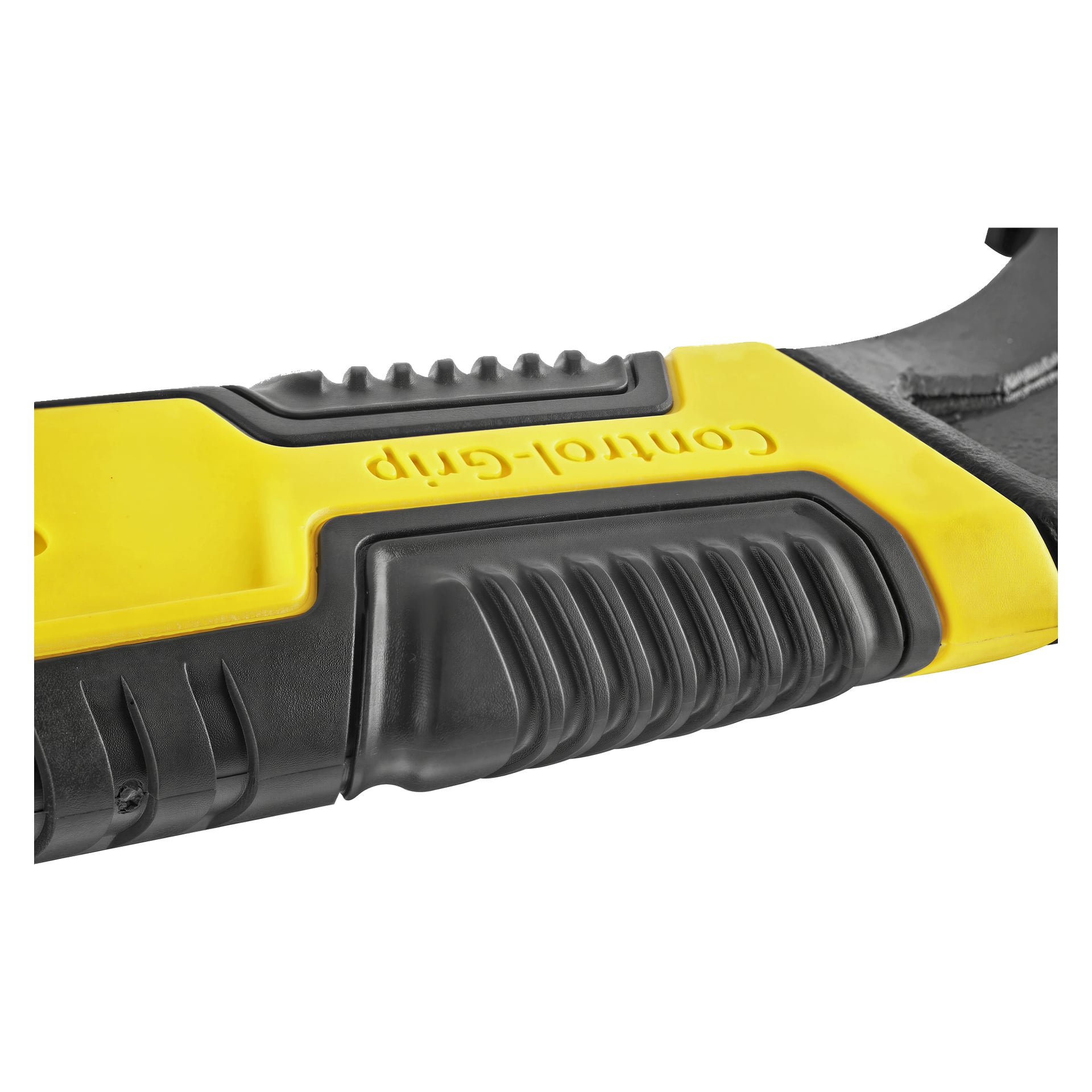 Närbild på Stanley Adjustable Spanner-handtaget, som visar ett svart och gult färgschema med texturerade grepp. "Control-Grip" är gjutet i den gula plastsektionen.