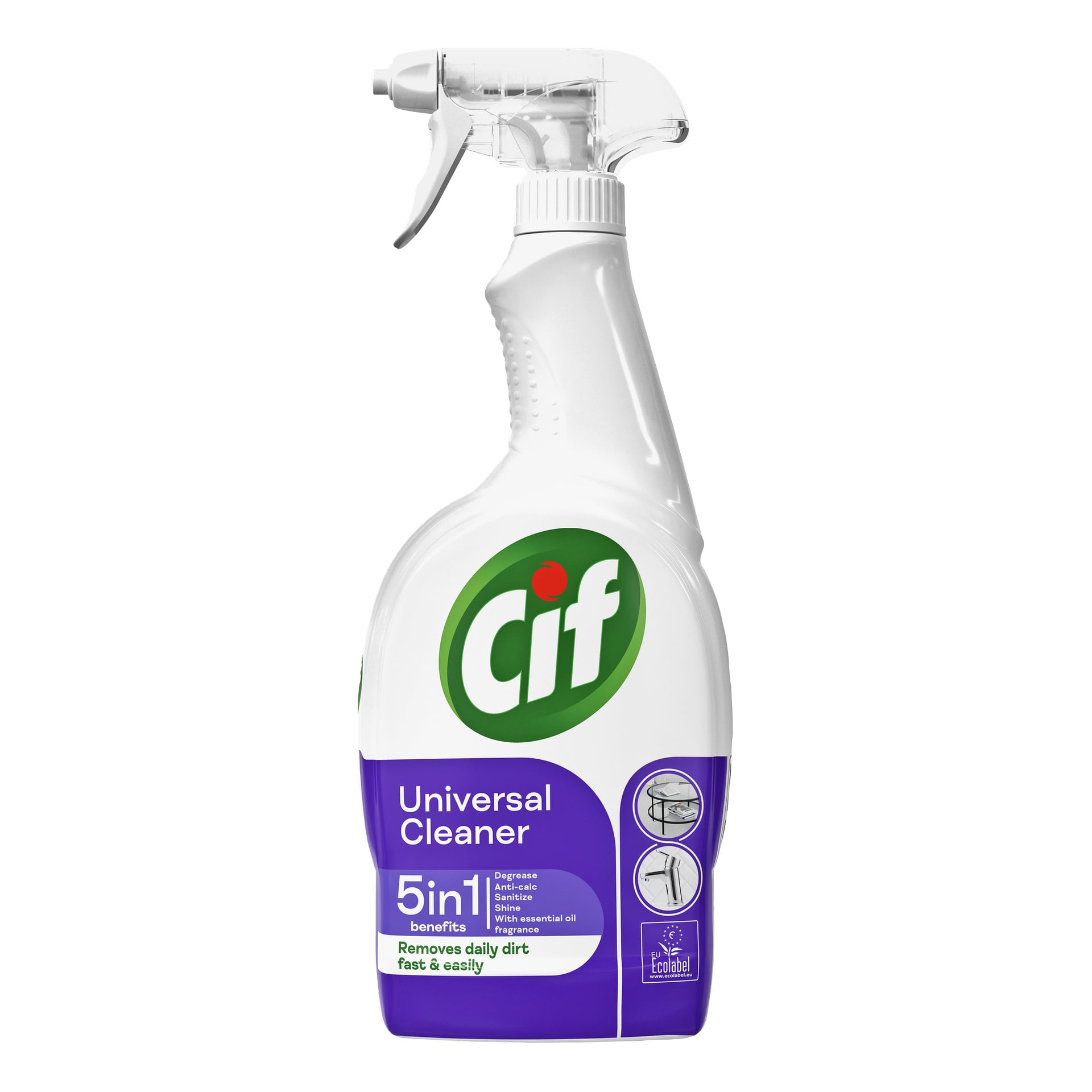 En vit CIF Universal rengöringssprayflaska med en lila etikett som visar ikoner som visar dess 5-i-1-ytfördelar, inklusive användning på bänkskivor och handfat. Etiketten lyfter fram dess kraftfulla avfettnings- och antibakteriella egenskaper.