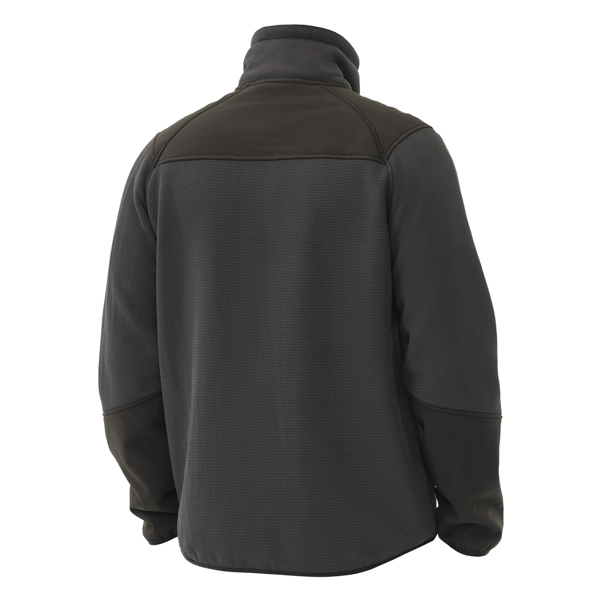 Takakuva Bluewearin miesten Morten-fleece-takista, jossa on tummanharmaa, kasavuorattu kangas ja kontrastiset mustat läiskät olkapäissä ja kyynärpäissä. Takissa on pitkät hihat, pystykaulus ja teksturoitu viimeistely, ilman logoja tai näkyviä sulkimia.