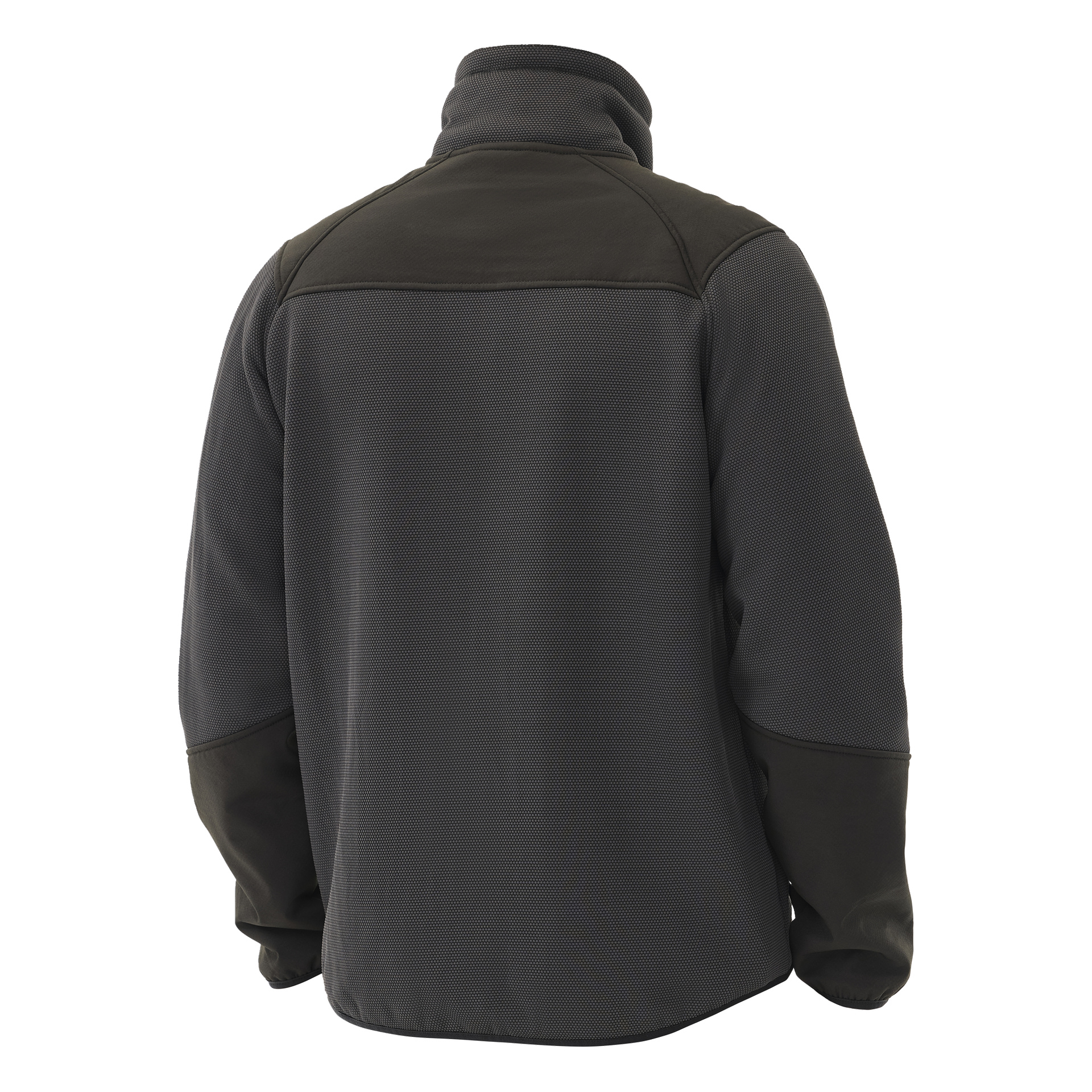 Bluewear Men's Morten-fleecejakke i mørkegrå er synlig bakfra, og fremhever høy krage, lange ermer og mørkere kontrasterende stoff på skuldre og albuer.